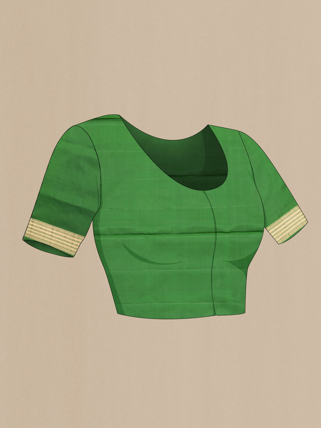Close up image of the blouse of Green Dual Tone Soft Silk Saree with Zari Butta on the body and Zari Border. 