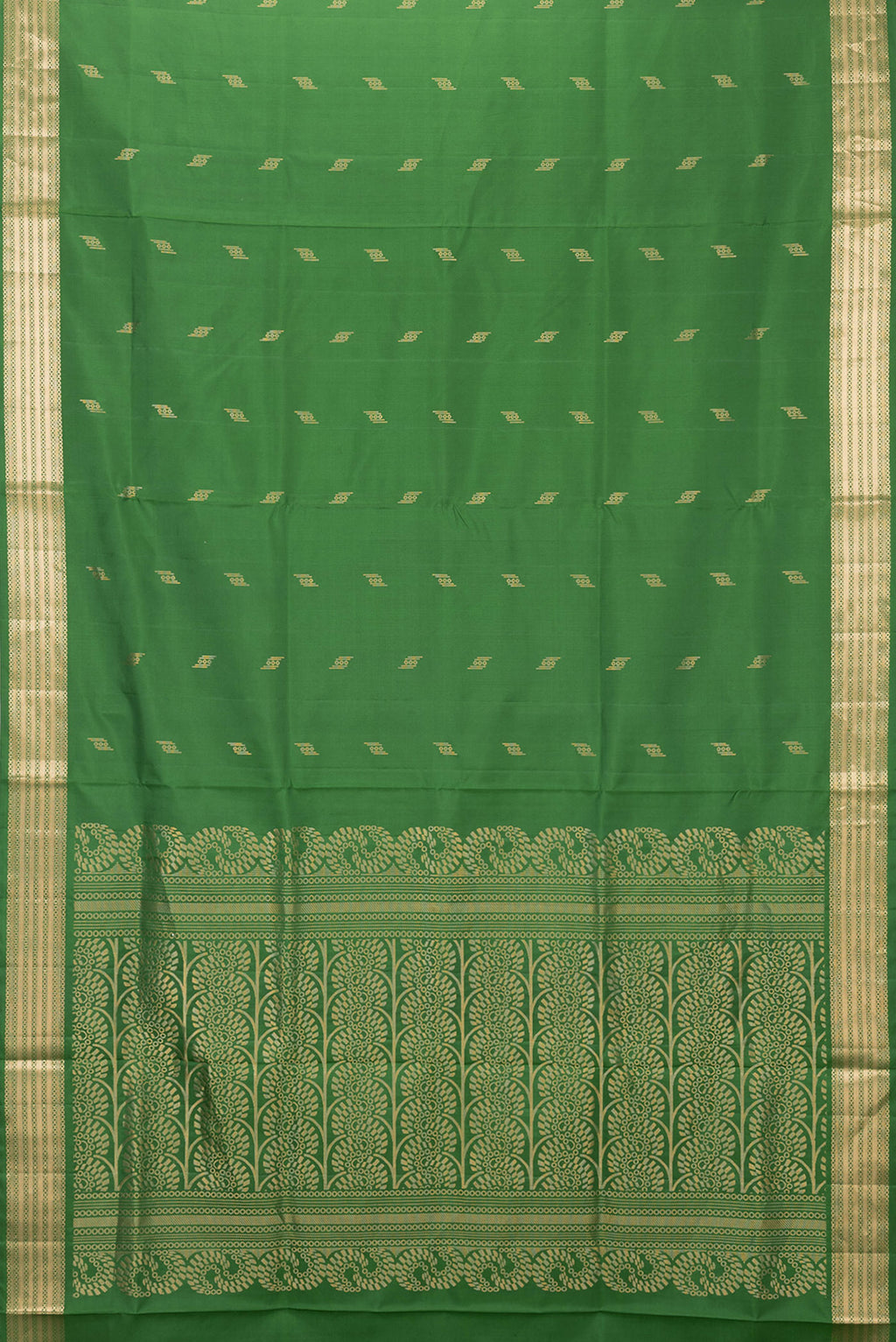 Flat view of Green Dual Tone Soft Silk Saree with Zari Butta on the body and Zari Border. 