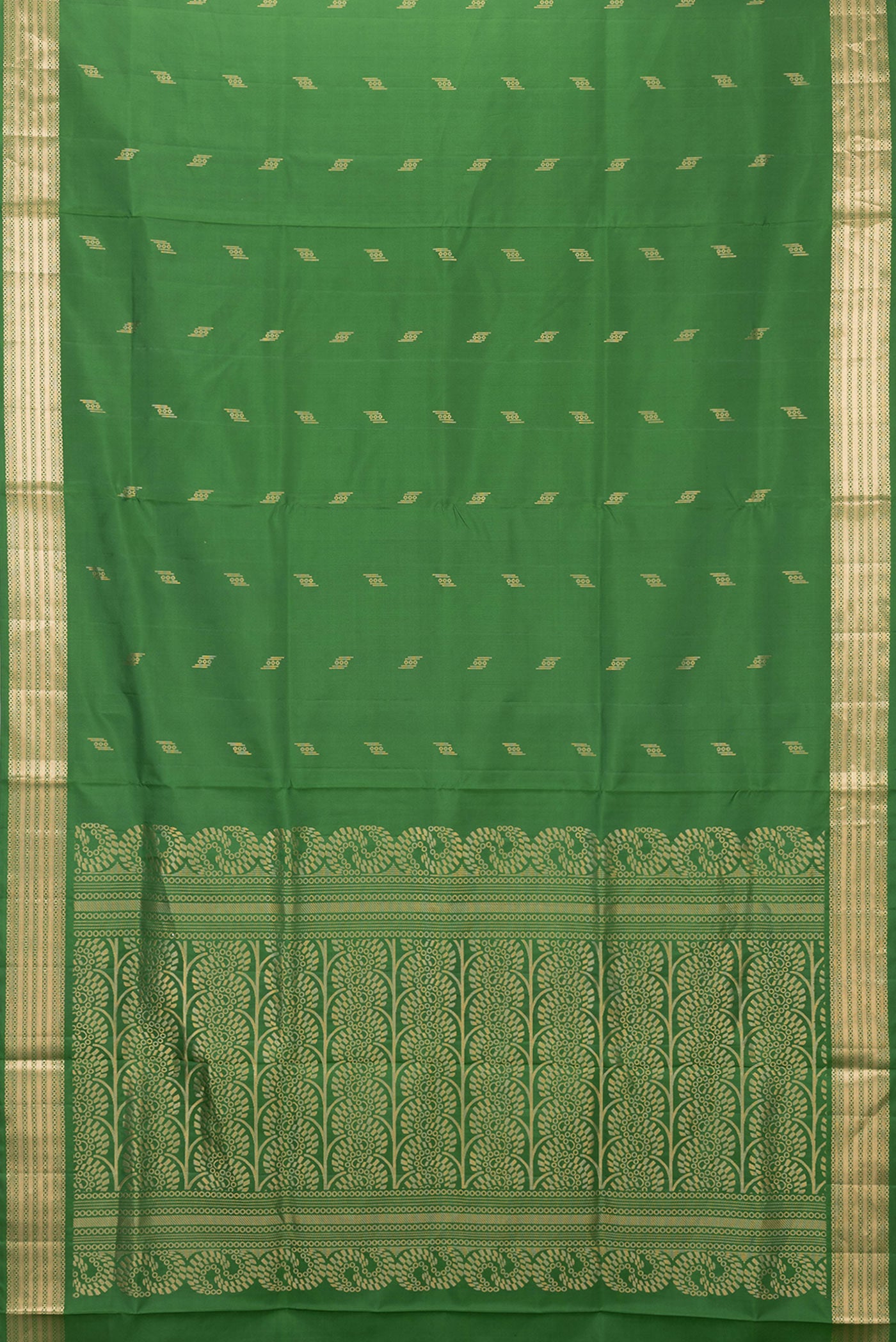 Flat view of Green Dual Tone Soft Silk Saree with Zari Butta on the body and Zari Border. 