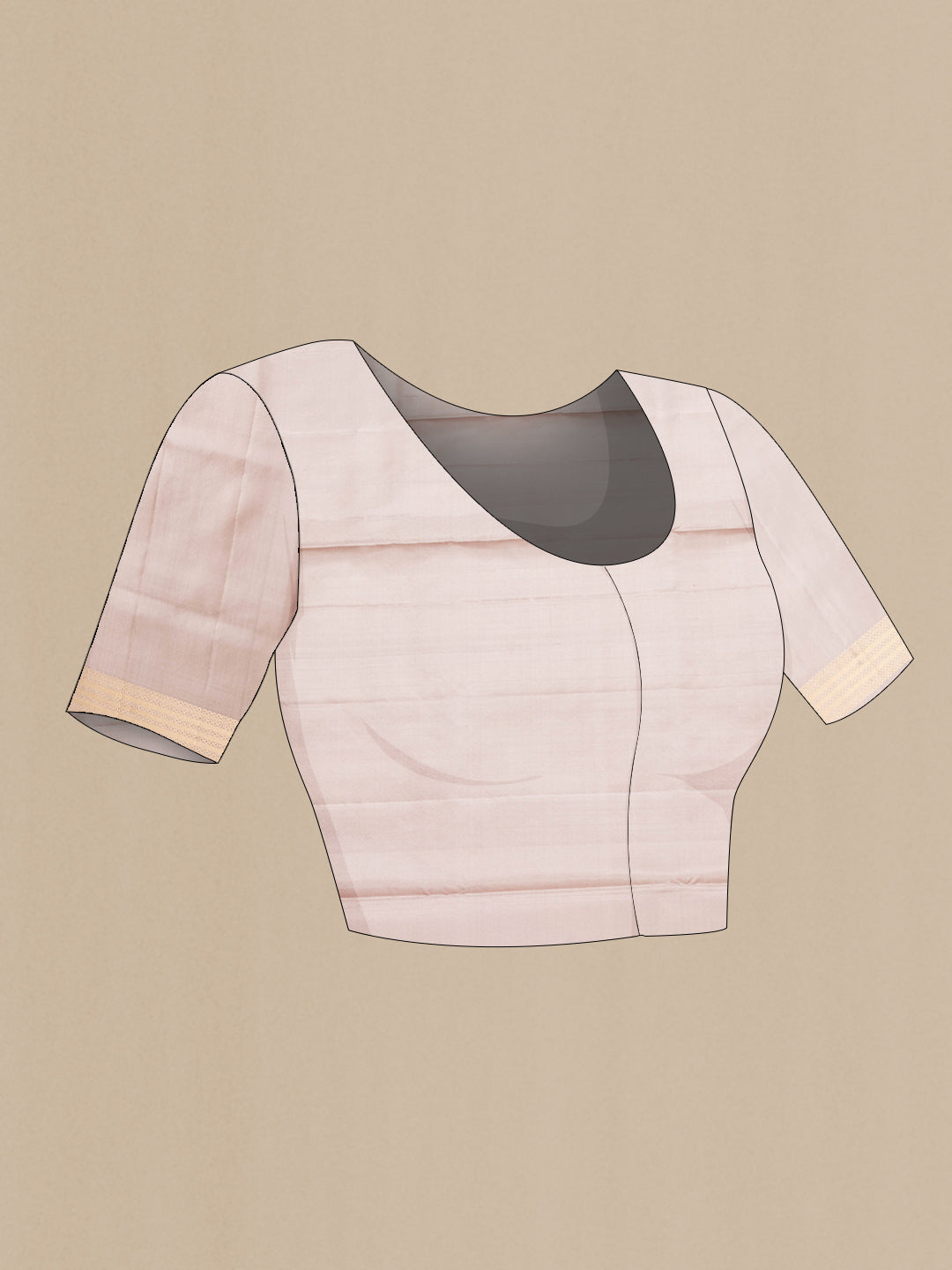 Close up image of the blouse of Beige Dual Tone Soft Silk Saree with Zari Butta on the body and Zari Border. 