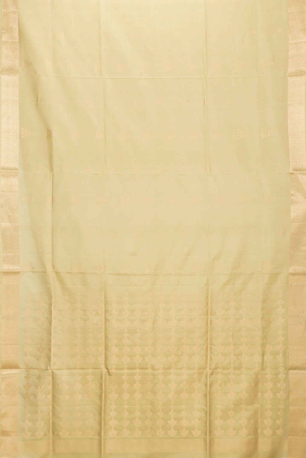 Flat view of Pista Green Dual Tone Soft Silk Saree with Zari Butta on the body and Zari Border. 