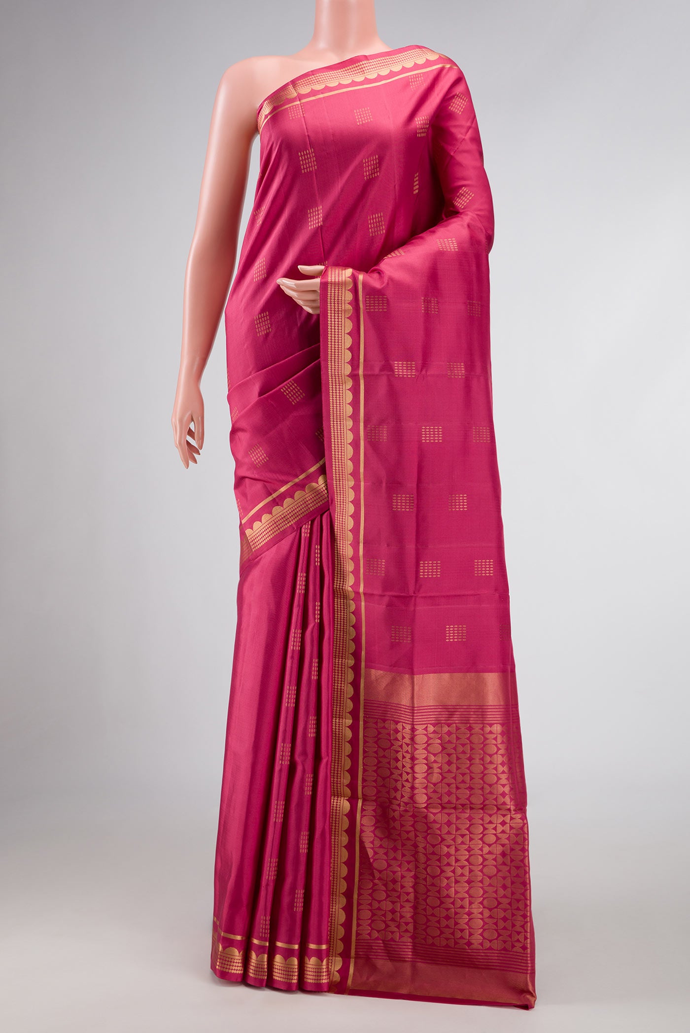 Pink Dual Tone Soft Silk Saree with Zari Butta on the body and Zari Border.  displayed on a mannequin