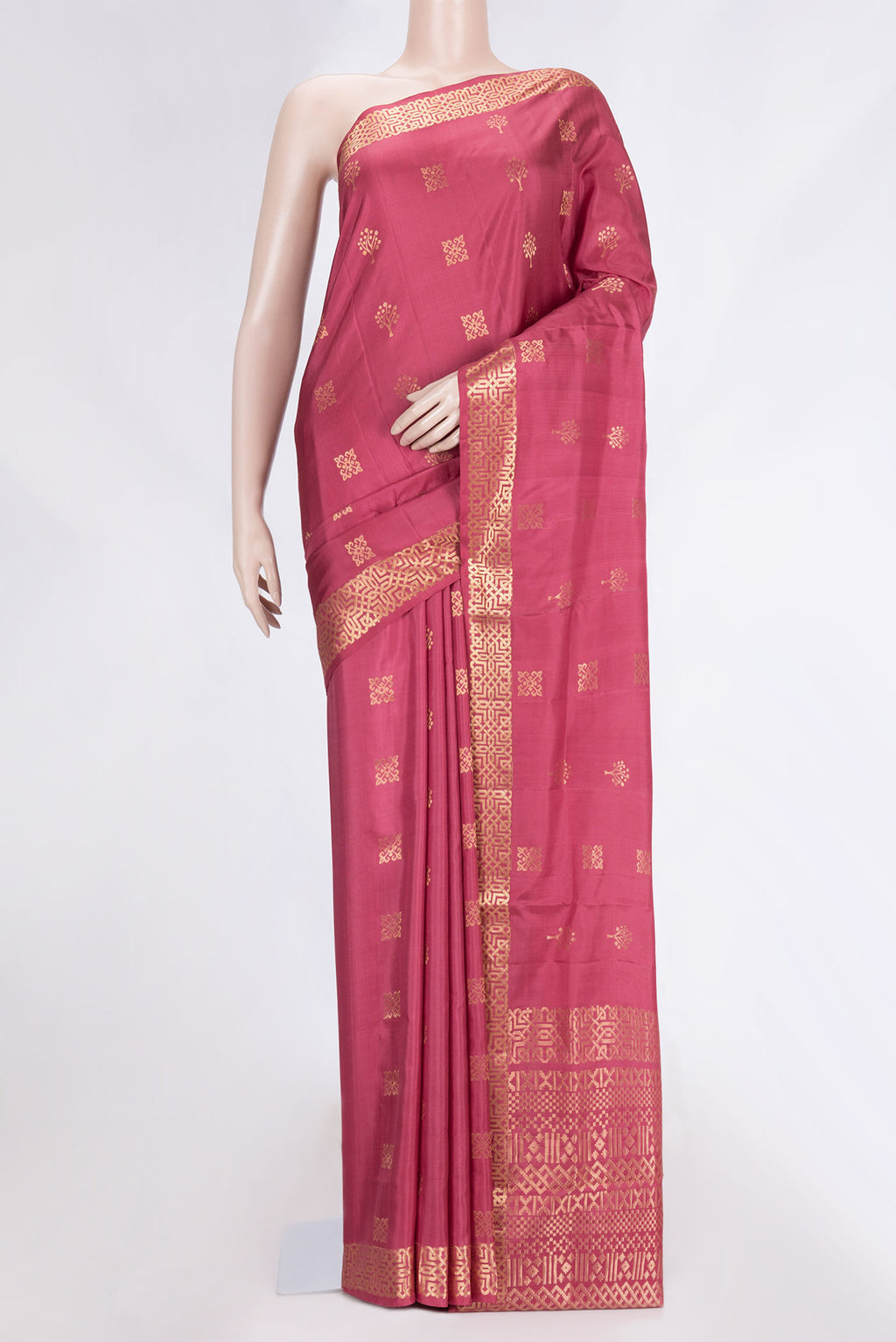 Dark Pink Dual Tone Soft Silk Saree with Zari Butta on the body and Zari Border.  displayed on a mannequin