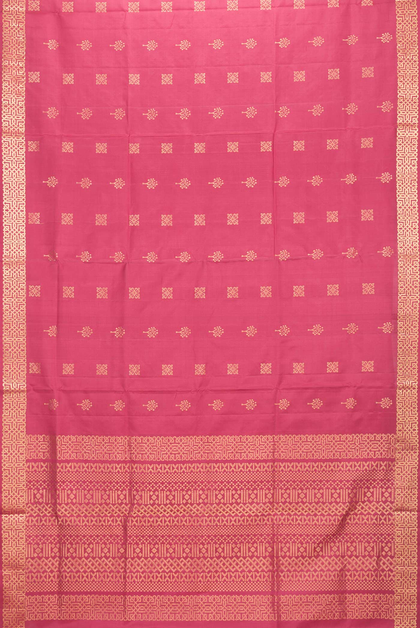 Flat view of Dark Pink Dual Tone Soft Silk Saree with Zari Butta on the body and Zari Border. 