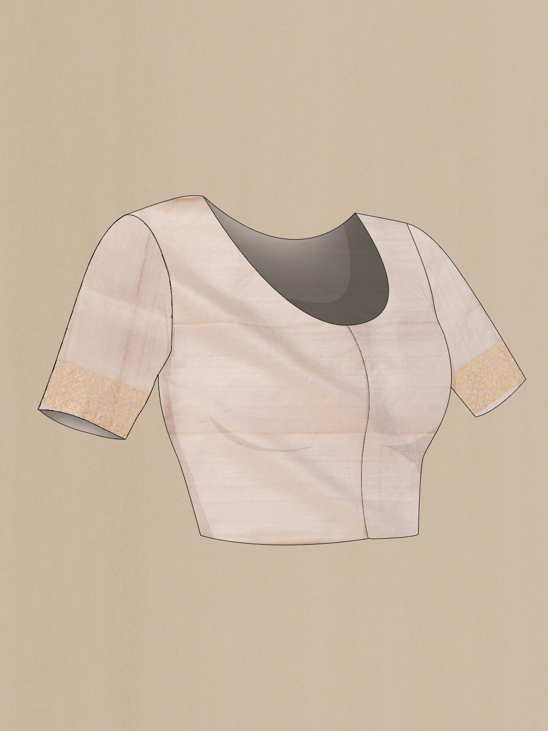 Close up image of the blouse of Beige Dual Tone Soft Silk Saree with Zari Butta on the body and Zari Border. 