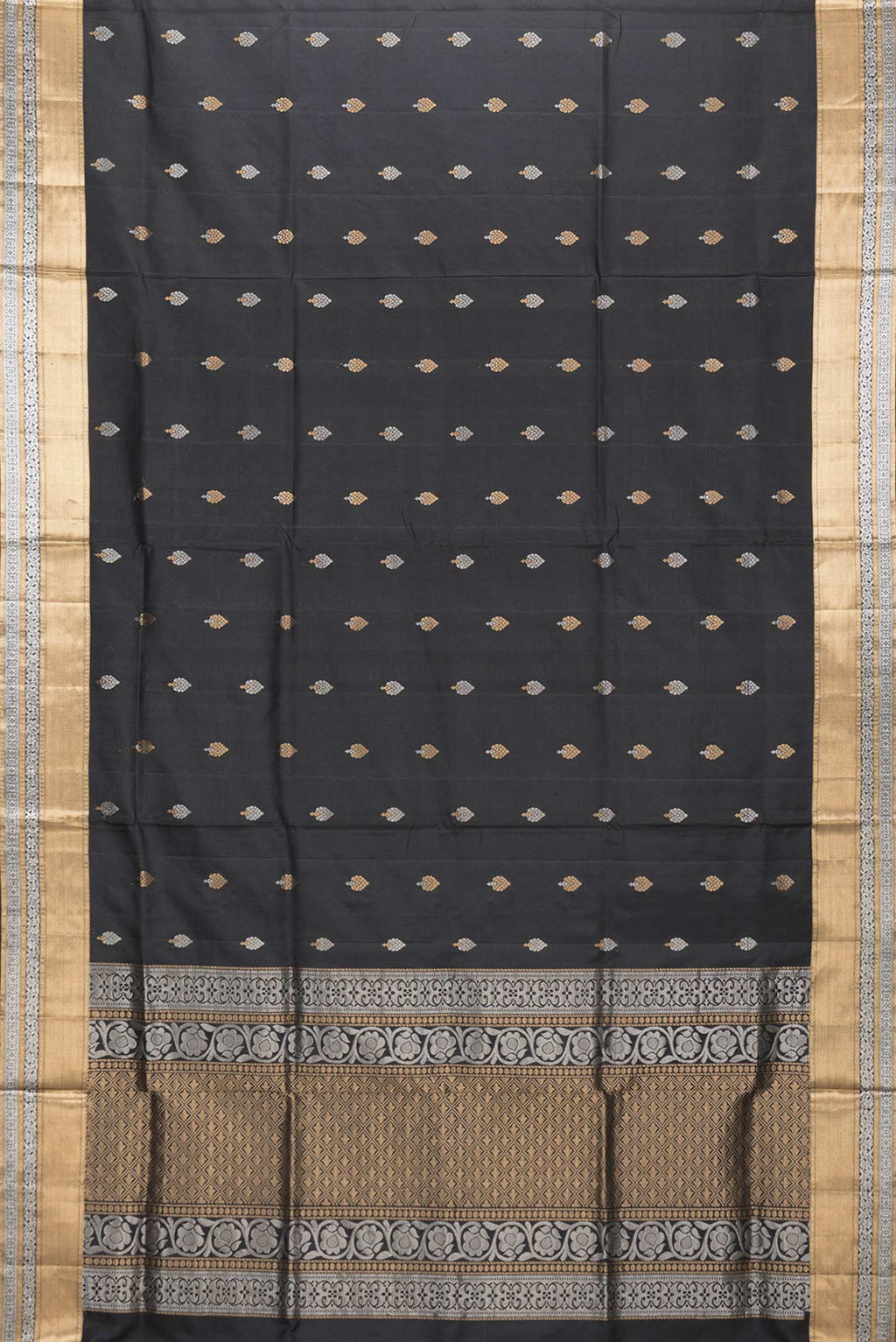 Flat view of Black Dual Tone Soft Silk Saree with Zari Butta on the body and Zari Border. 