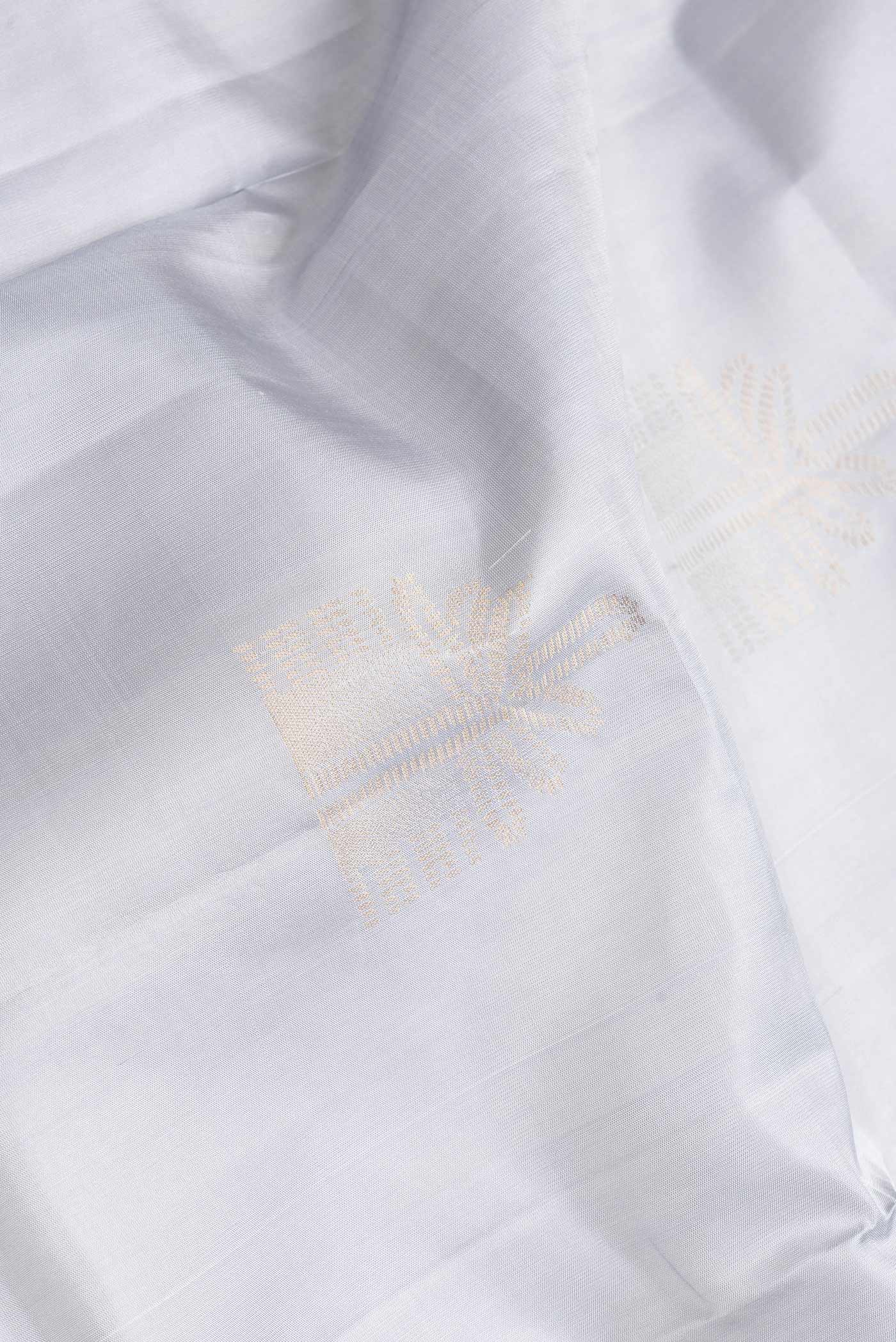 Close up of Grey Dual Tone Soft Silk Saree with Zari Butta on the body and Zari Border.  displaying folds