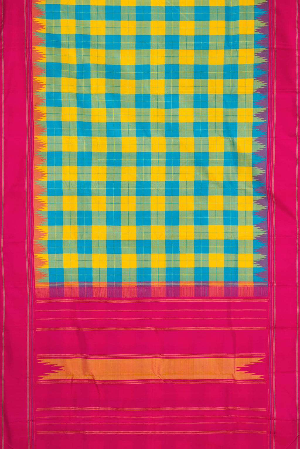 Flat view of Green and Yellow Color Kanchipuram Silk Saree with Checked design on the body and Thread Border