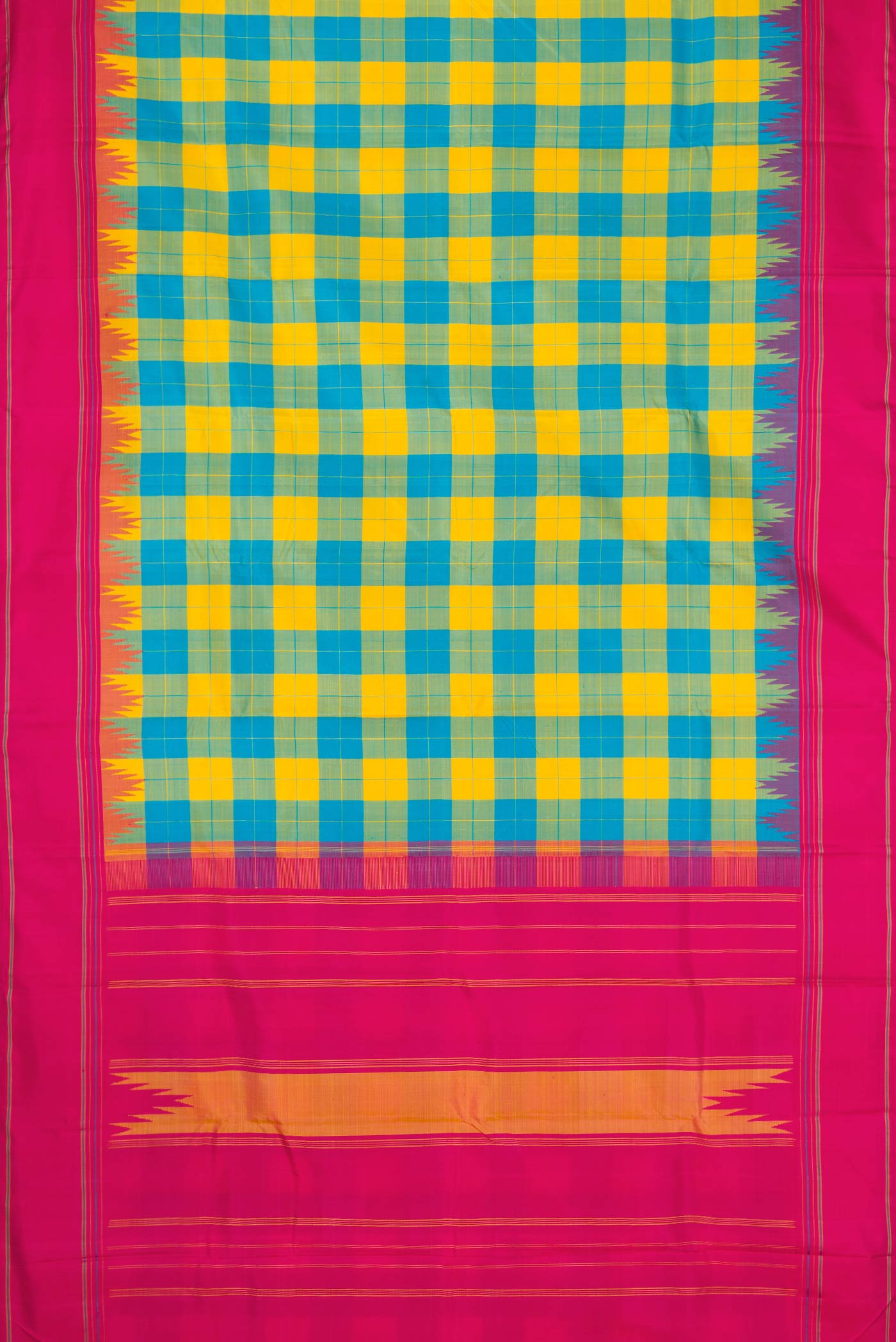 Flat view of Green and Yellow Color Kanchipuram Silk Saree with Checked design on the body and Thread Border