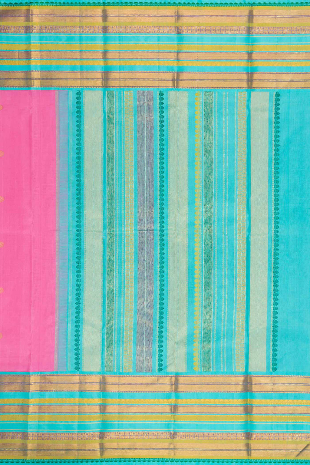 Close up image of the pallu of Pink Dual Tone Kanjivaram Silk Saree with Zari Butta on the body and Zari Border. 