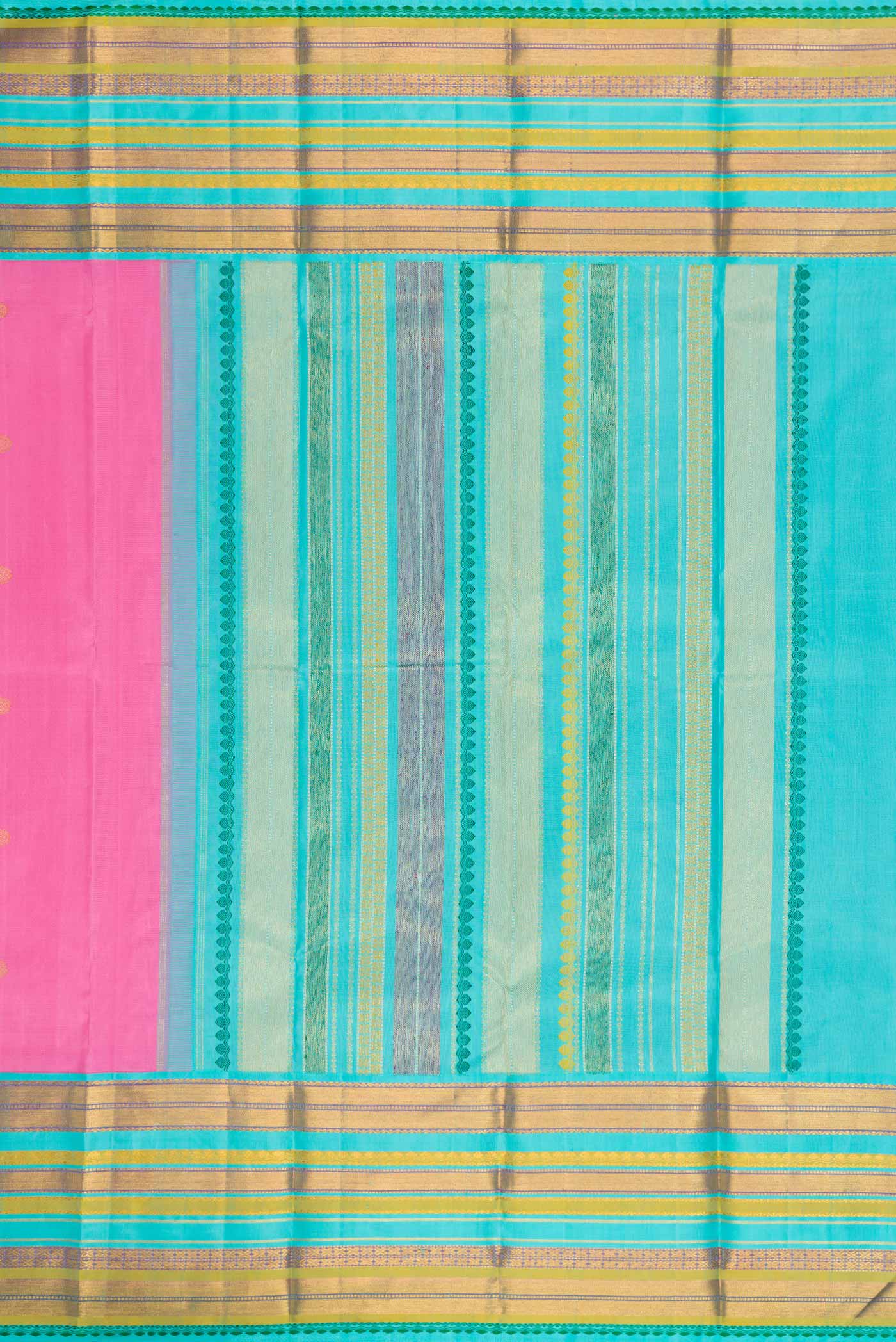Close up image of the pallu of Pink Dual Tone Kanjivaram Silk Saree with Zari Butta on the body and Zari Border. 