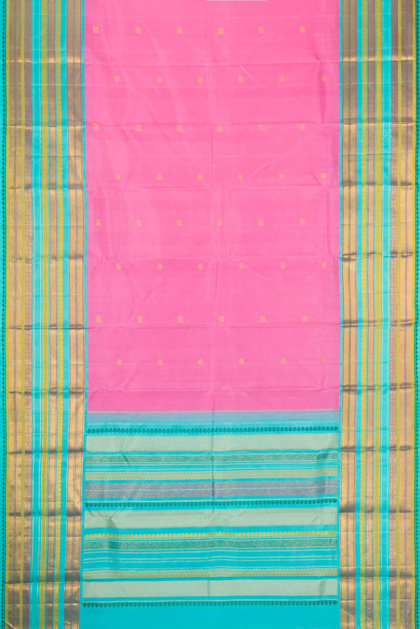 Flat view of Pink Dual Tone Kanjivaram Silk Saree with Zari Butta on the body and Zari Border. 