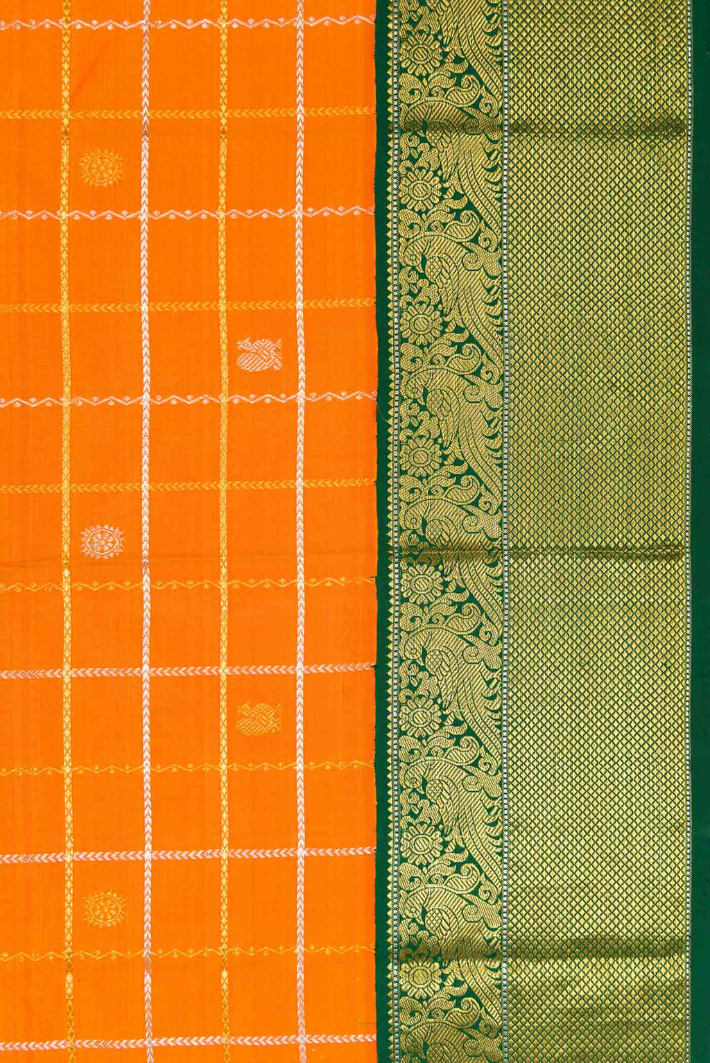 Border image of Orange Dual Tone Kanjivaram Silk Saree with Checked design on the body and Zari Border. 