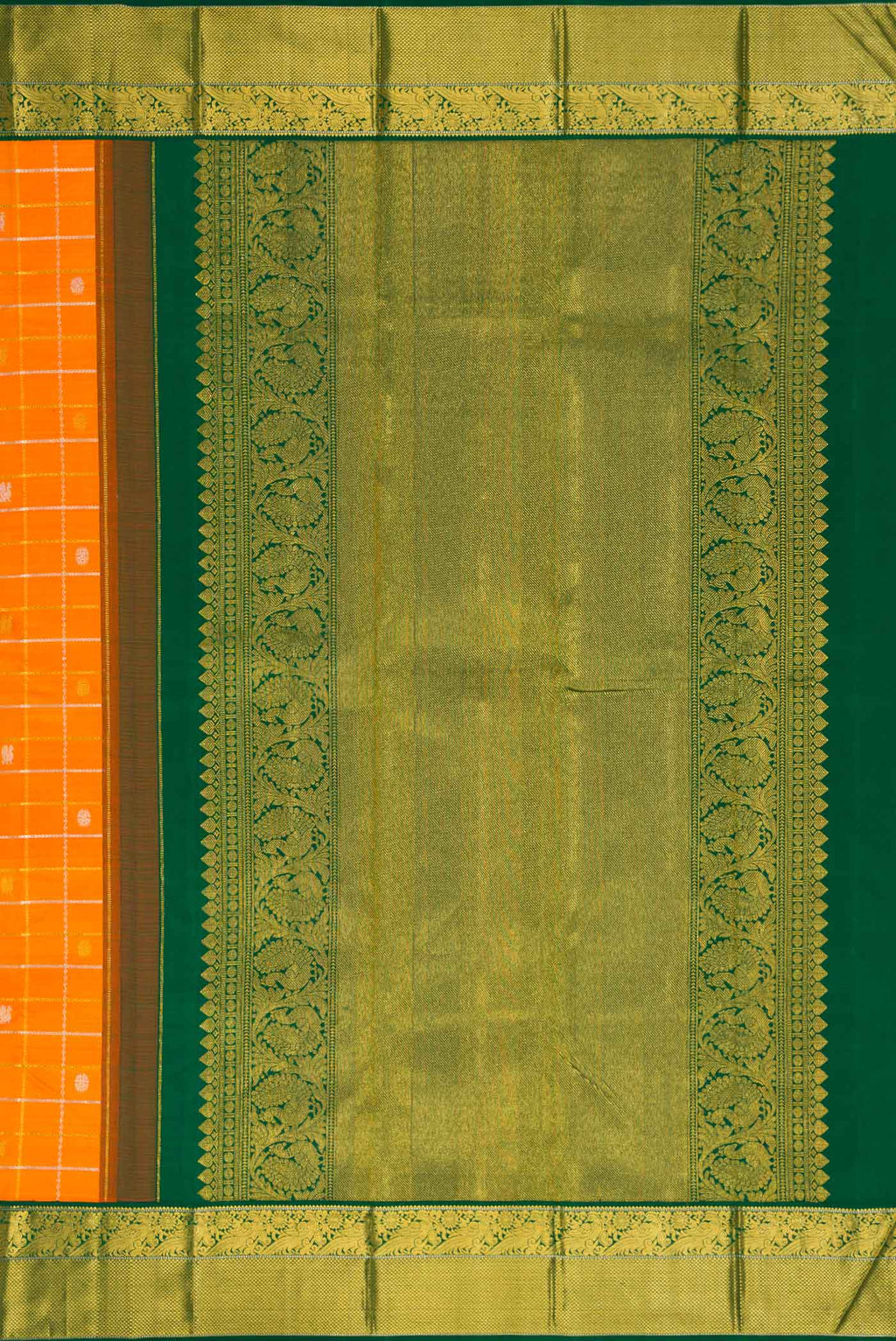 Close up image of the pallu of Orange Dual Tone Kanjivaram Silk Saree with Checked design on the body and Zari Border. 