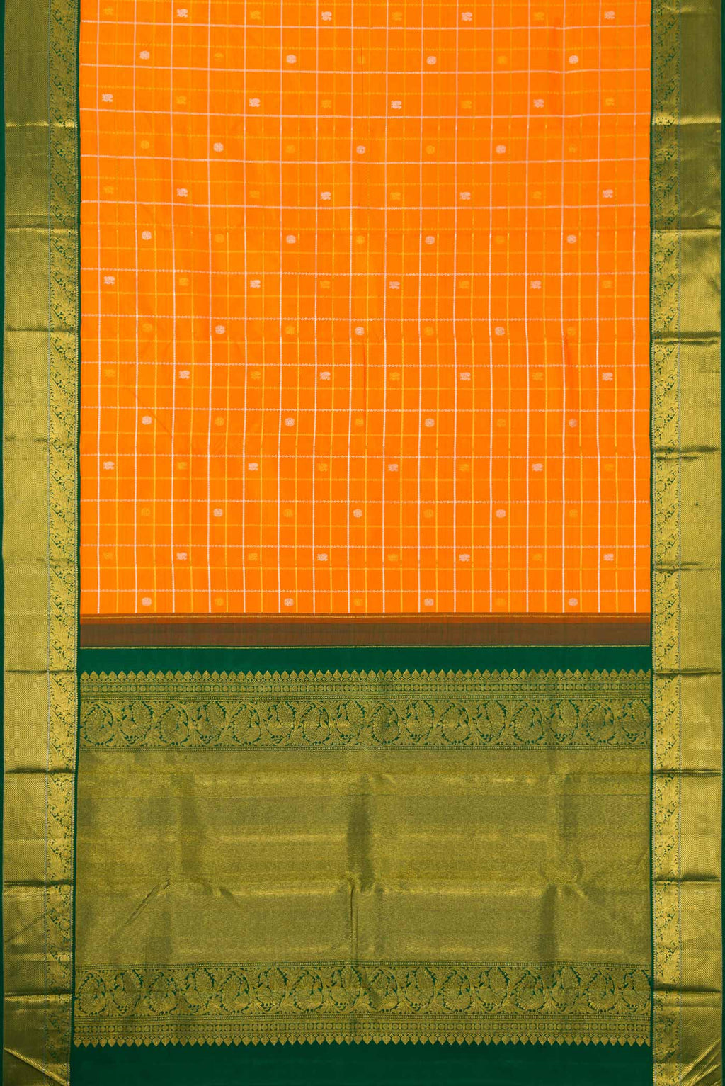 Flat view of Orange Dual Tone Kanjivaram Silk Saree with Checked design on the body and Zari Border. 