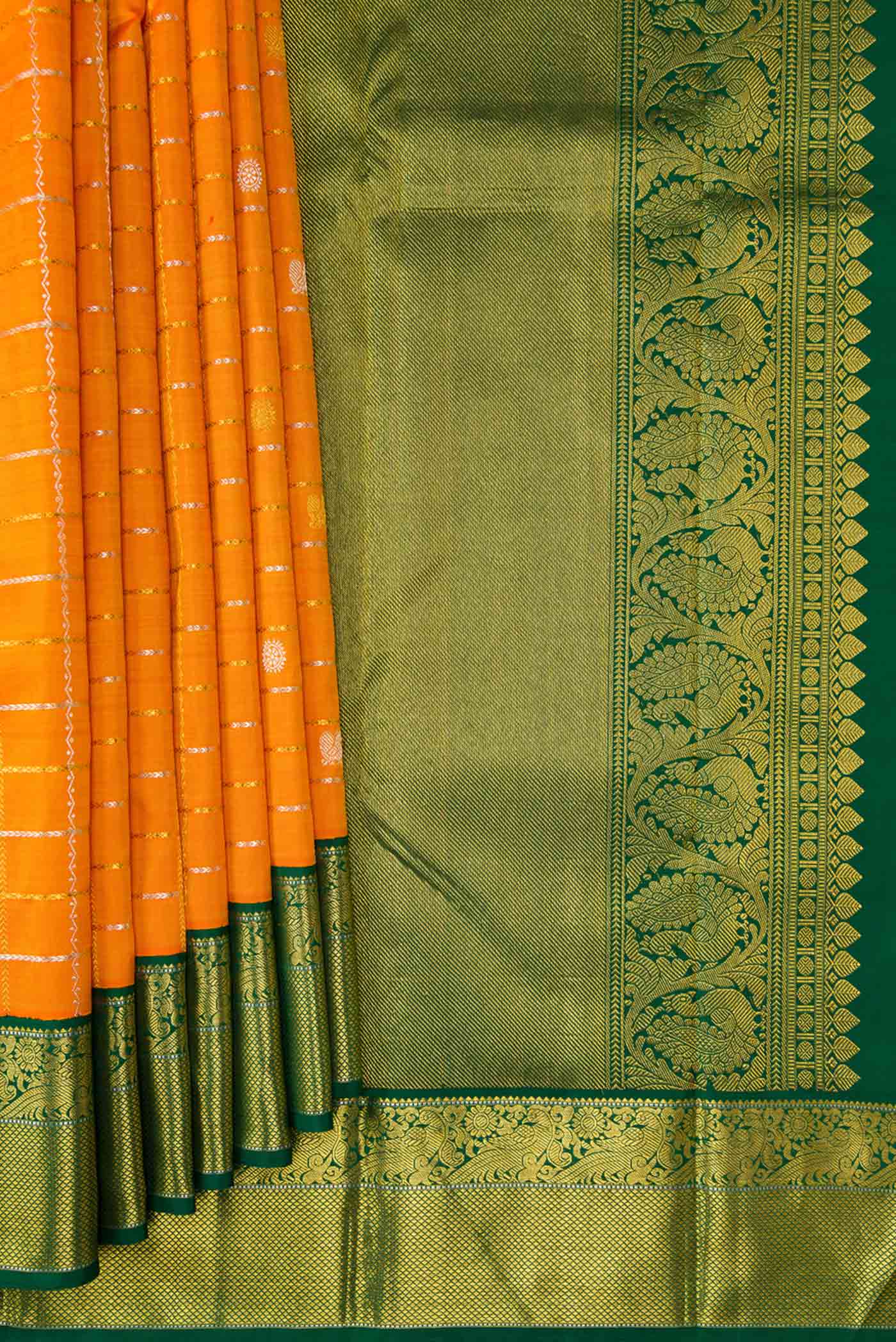 Pleats and pallu of Orange Dual Tone Kanjivaram Silk Saree with Checked design on the body and Zari Border. 