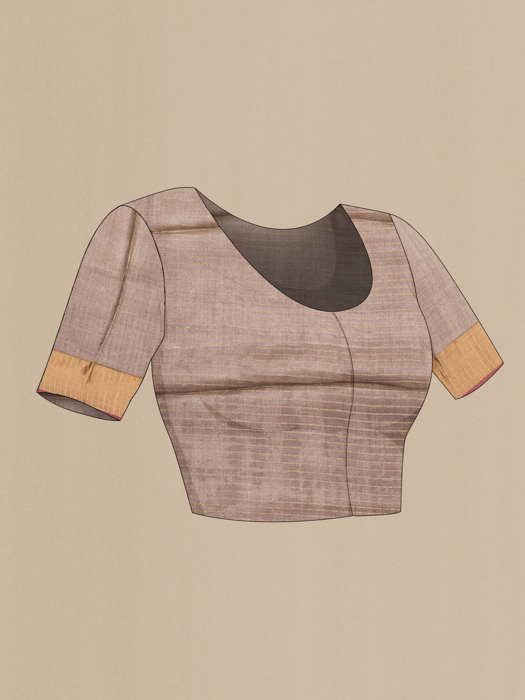 Close up image of the blouse of Brown Tussar Silk Saree with Printed design on the body and Zari Border. 