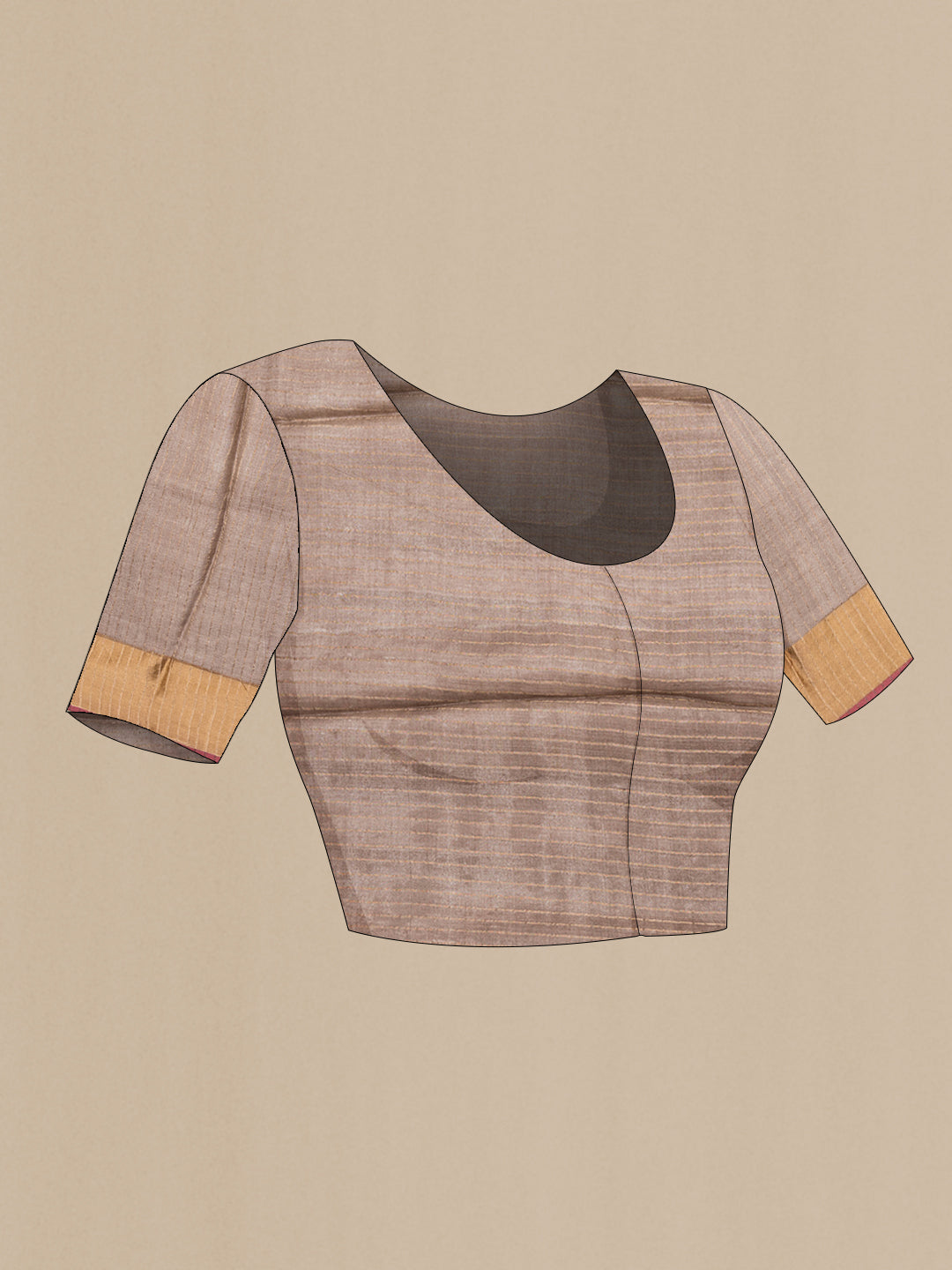 Close up image of the blouse of Brown Tussar Silk Saree with Printed design on the body and Zari Border. 