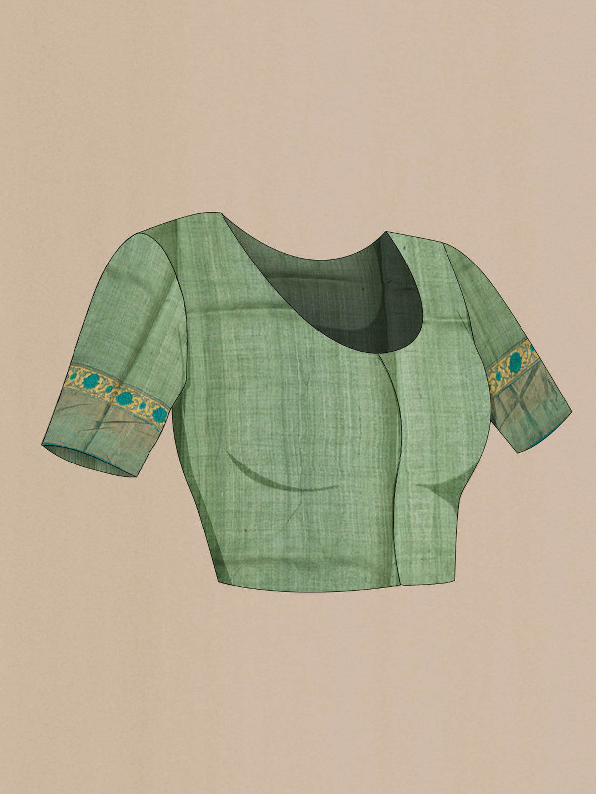 Close up image of the blouse of Green Bhagalpuri Tussar Silk Saree with Printed design on the body and Zari Border