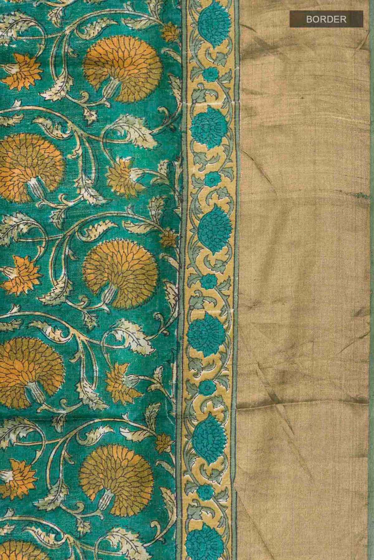 Border image of Green Bhagalpuri Tussar Silk Saree with Printed design on the body and Zari Border