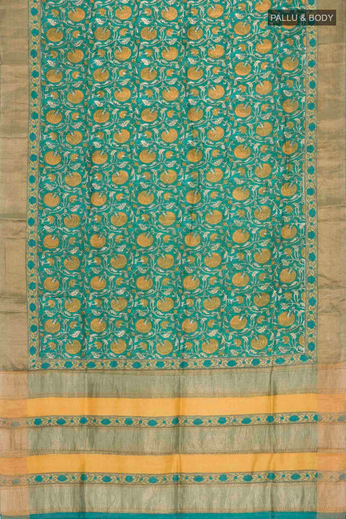Flat view of Green Bhagalpuri Tussar Silk Saree with Printed design on the body and Zari Border