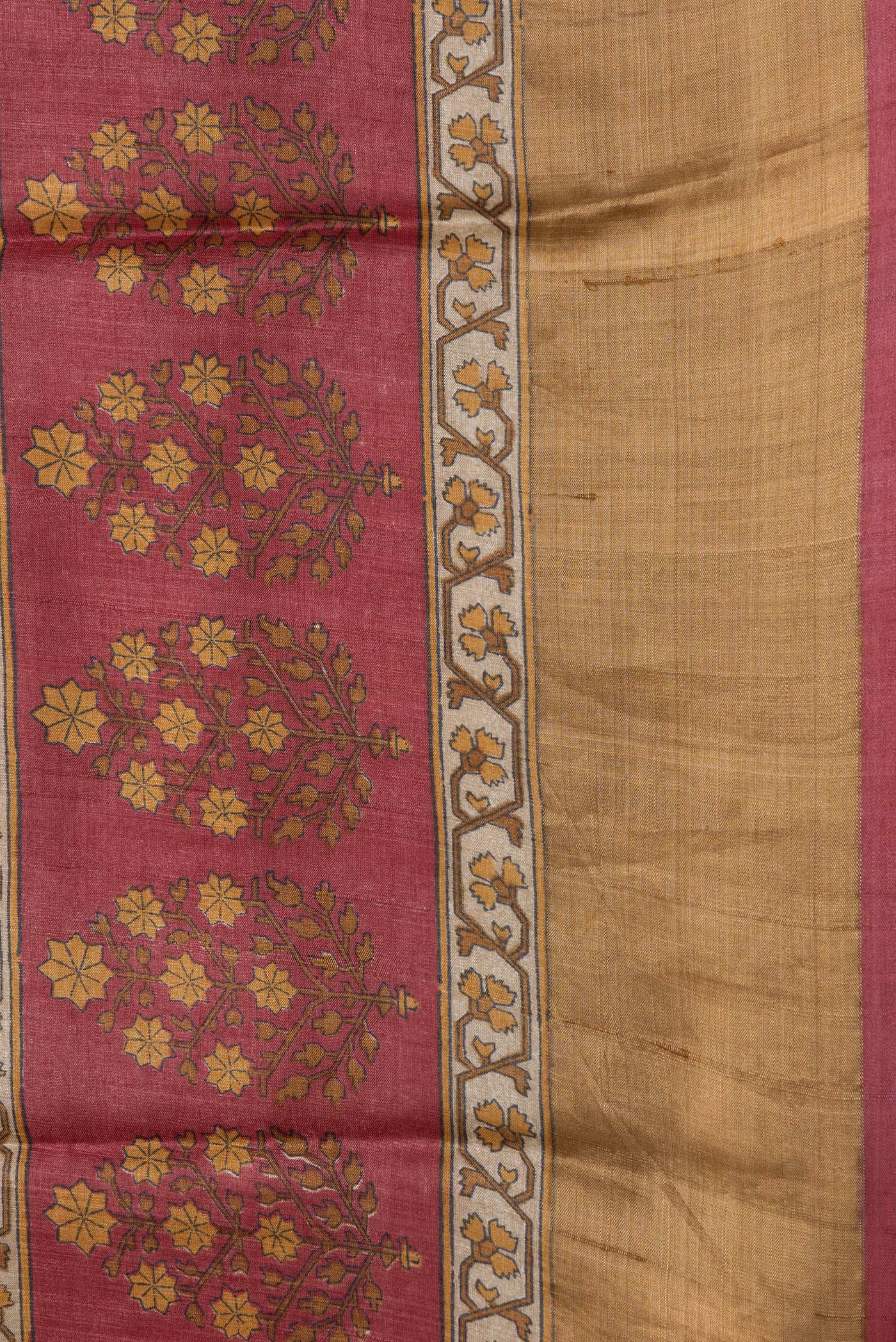 Border image of Maroon Dual Tone Tussar Silk Saree with Printed design on the body and Zari Border. 