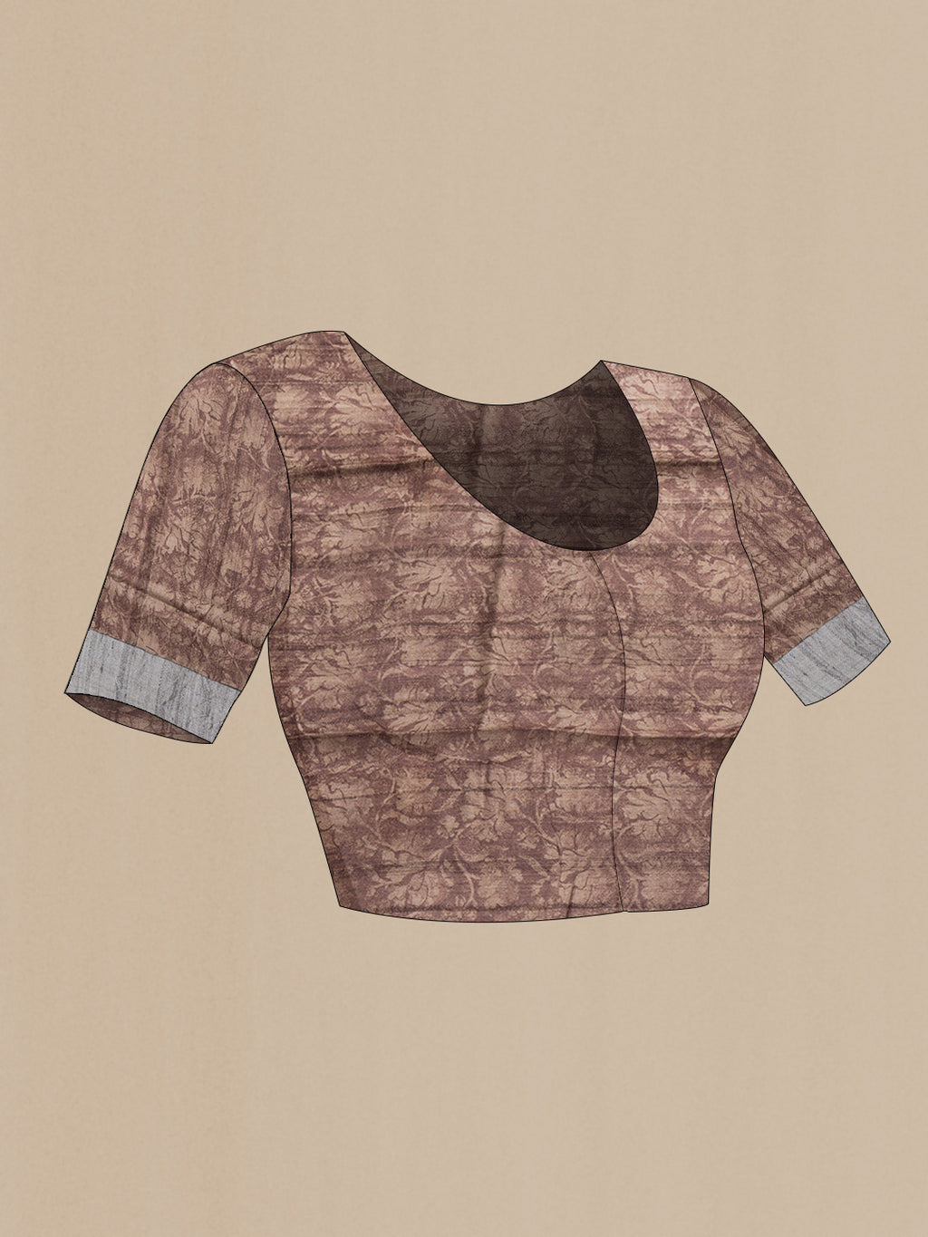 Close up image of the blouse of Brown Dual Tone Tussar Silk Saree with Printed design on the body and Zari Border. 