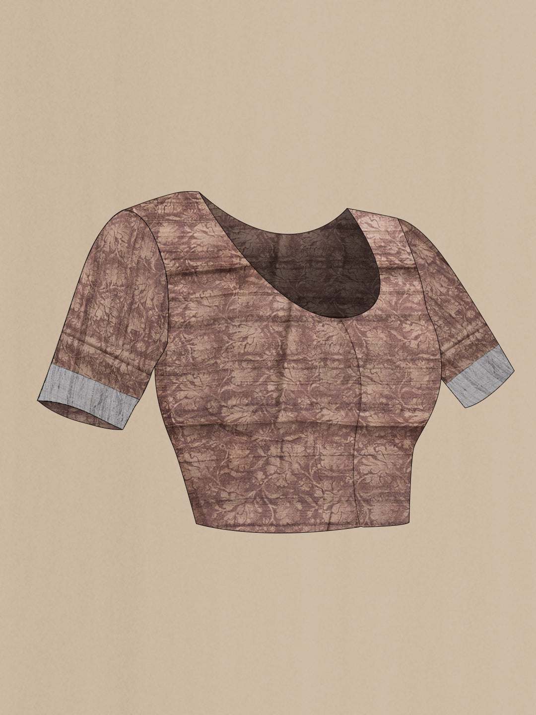 Close up image of the blouse of Brown Dual Tone Tussar Silk Saree with Printed design on the body and Zari Border. 