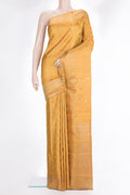 Pure Silk Mustard Kanjivaram Saree with Zari Brocade on the body and Fancy Border.  displayed on a mannequin