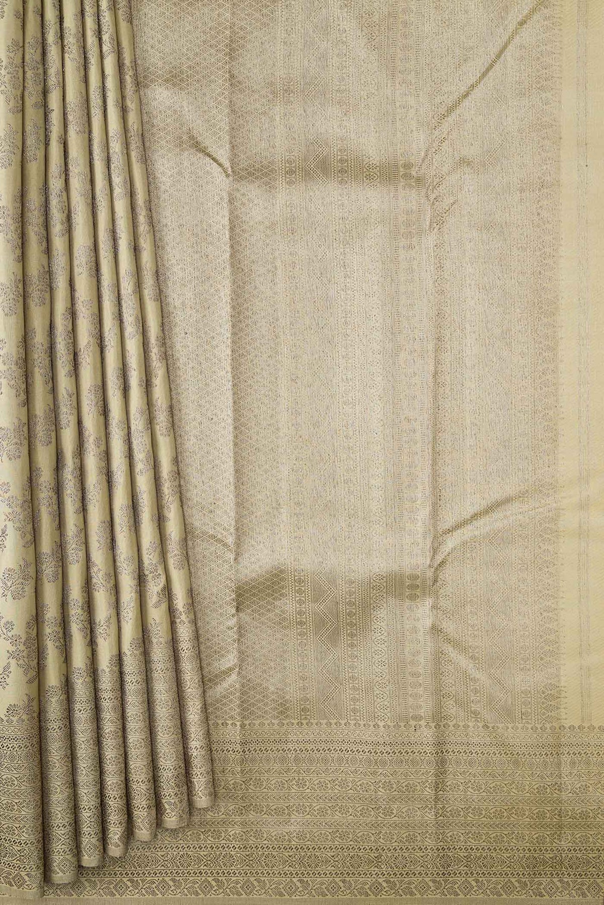 Pleats and pallu of Beige Dual Tone Kanchipuram Silk Saree with Zari Brocade on the body and Zari Border