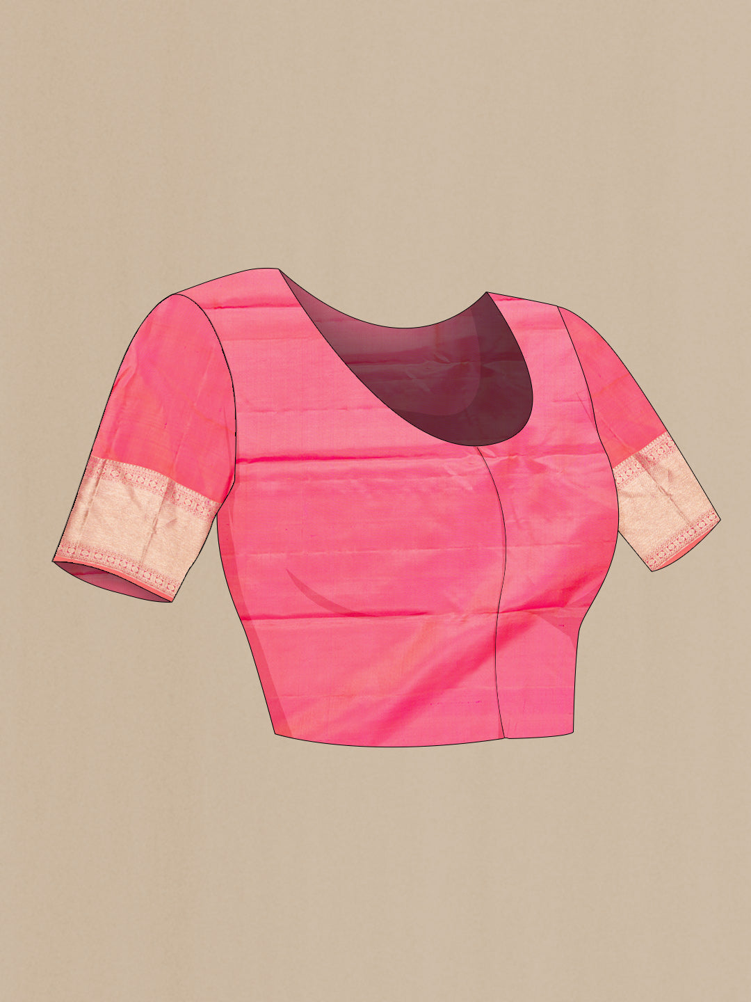 Close up image of the blouse of Golden Peach and Pink Color Kanjivaram Silk Saree with Zari Brocade on the body and Zari Border. 