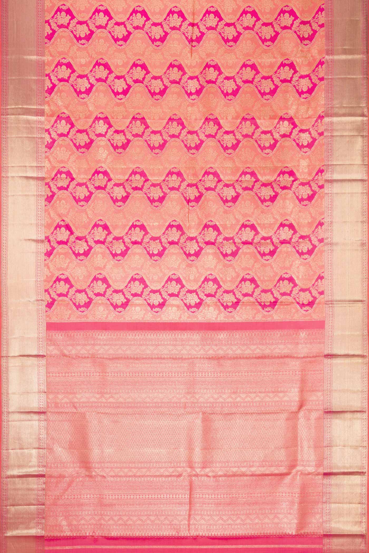 Flat view of Golden Peach and Pink Color Kanjivaram Silk Saree with Zari Brocade on the body and Zari Border. 