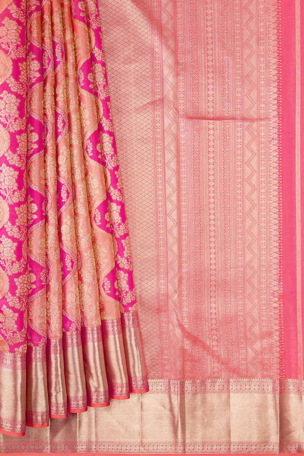 Pleats and pallu of Golden Peach and Pink Color Kanjivaram Silk Saree with Zari Brocade on the body and Zari Border. 
