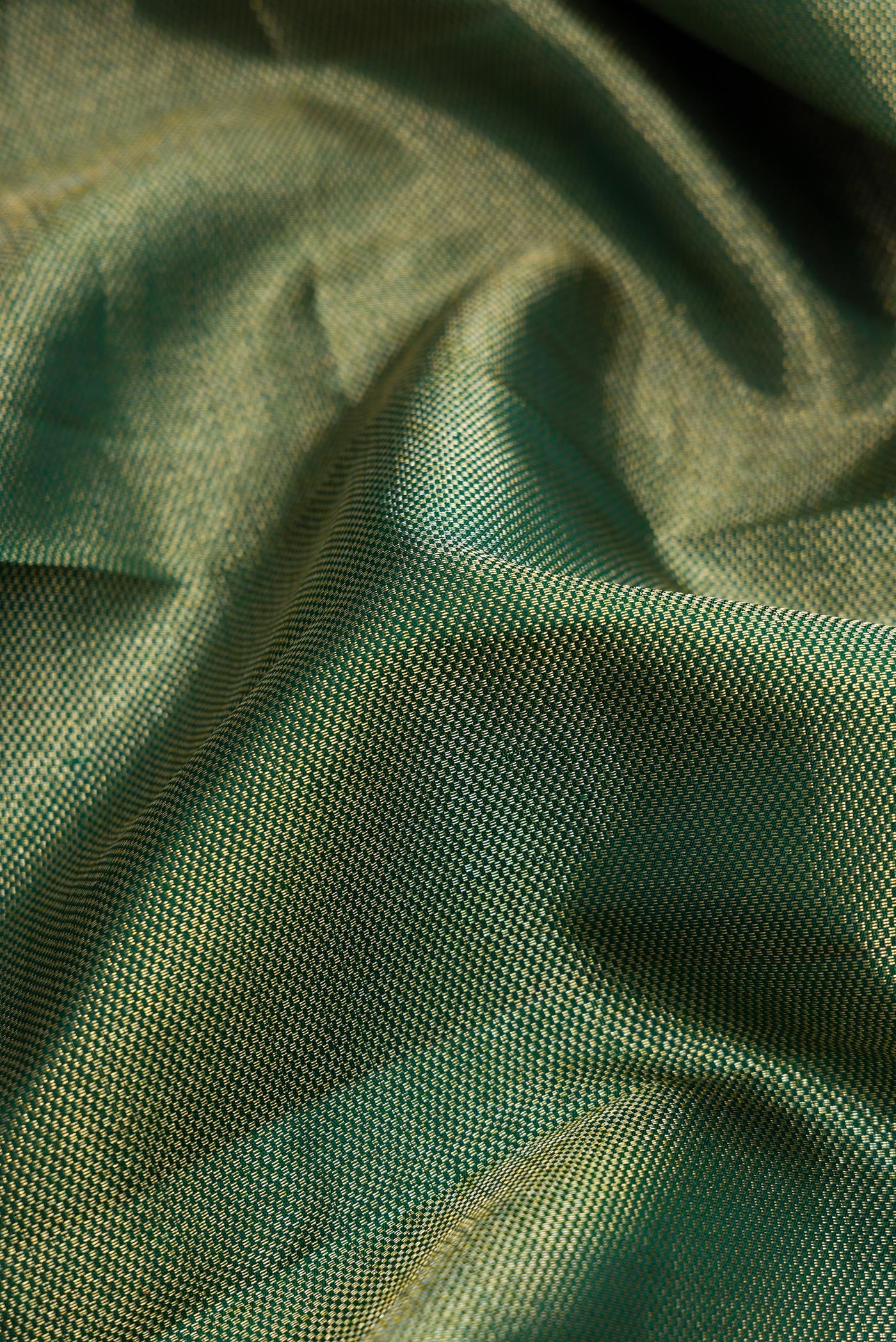 Close up of Green Dual Tone Kanchipuram Silk Saree with Zari Brocade on the body and Fancy Border.  displaying folds