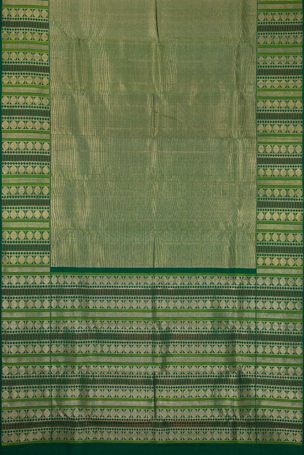 Flat view of Green Dual Tone Kanchipuram Silk Saree with Zari Brocade on the body and Fancy Border. 