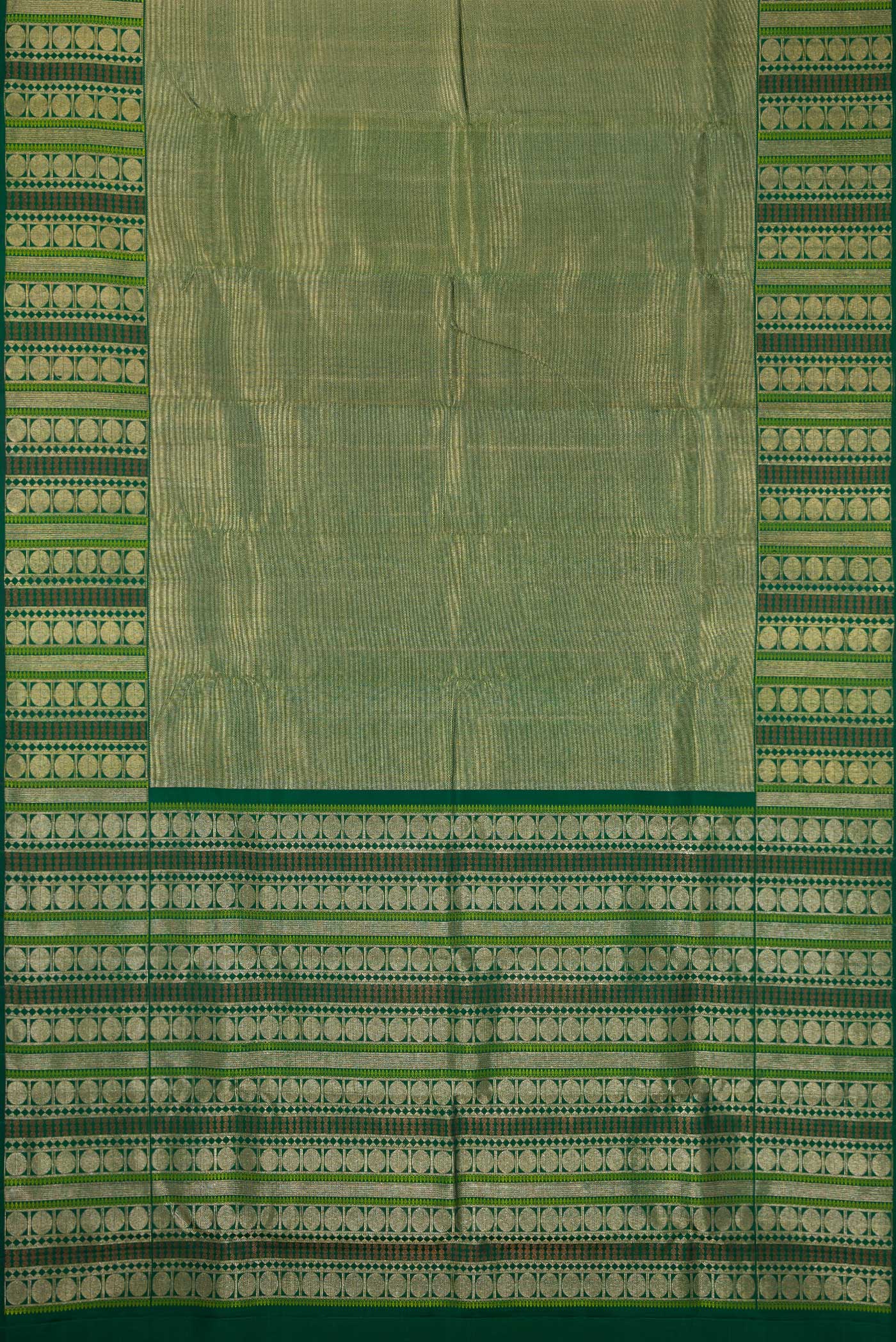Flat view of Green Dual Tone Kanchipuram Silk Saree with Zari Brocade on the body and Fancy Border. 