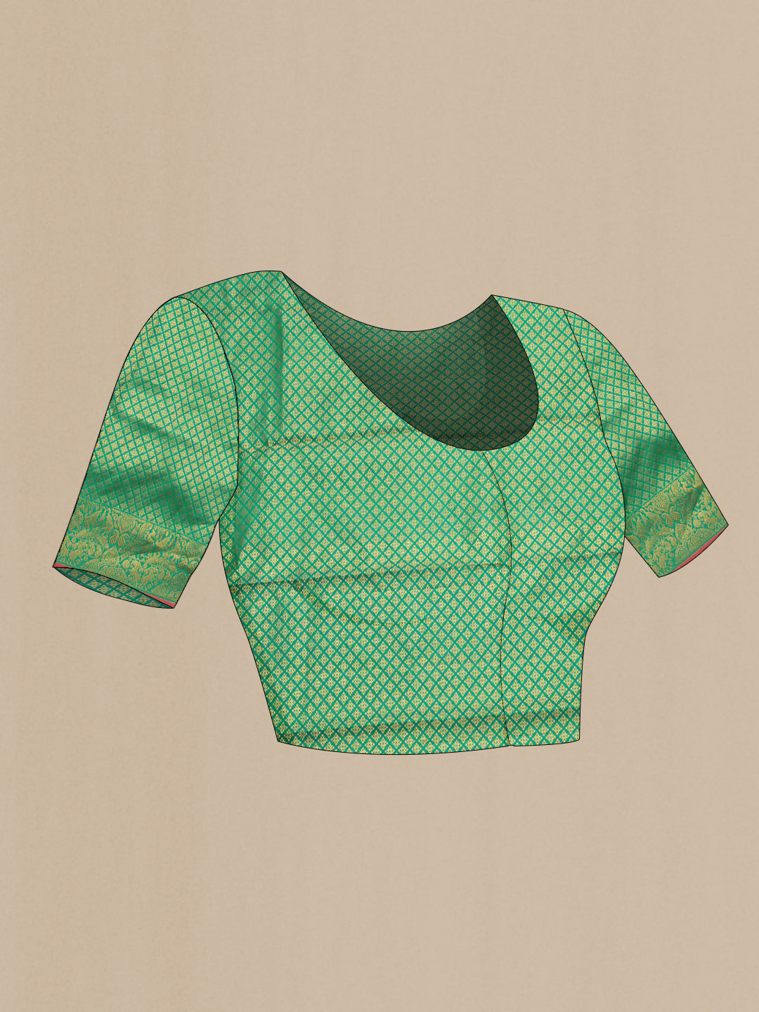 Close up image of the blouse of Pure Silk Green Kanchipuram Saree with Zari Brocade on the body and Fancy Border. 