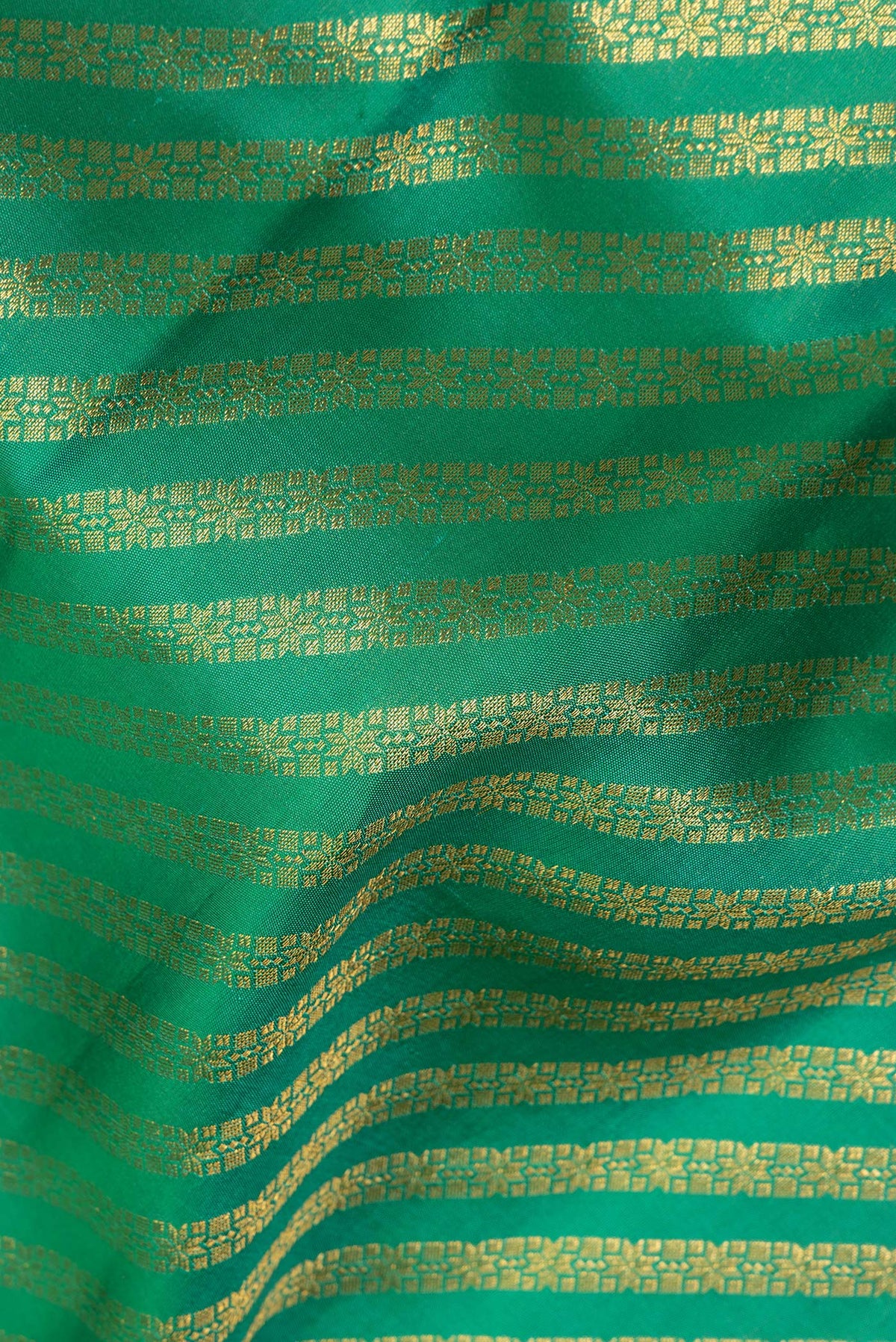 Close up of Pure Silk Green Kanchipuram Saree with Zari Brocade on the body and Fancy Border.  displaying folds