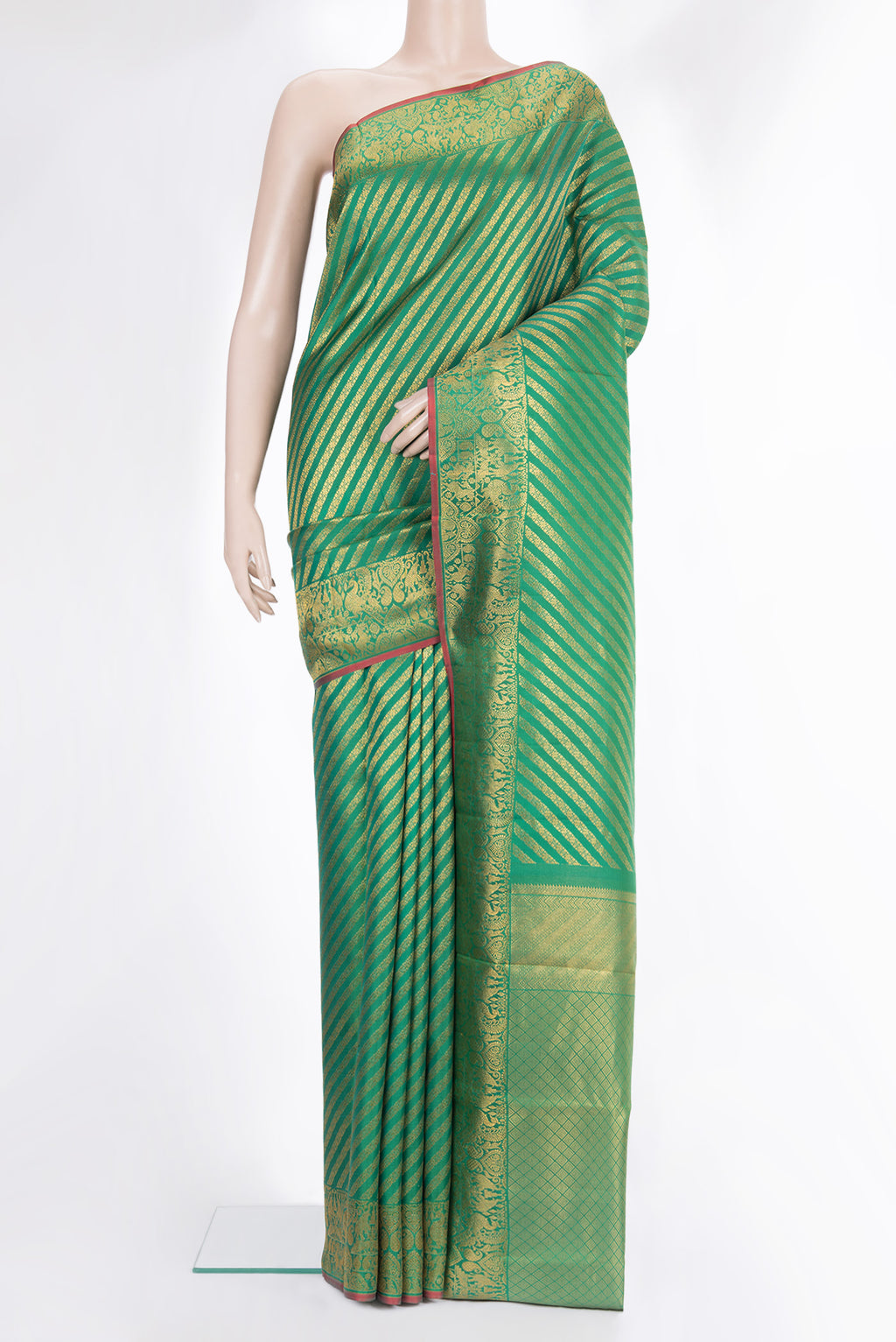 Pure Silk Green Kanchipuram Saree with Zari Brocade on the body and Fancy Border.  displayed on a mannequin