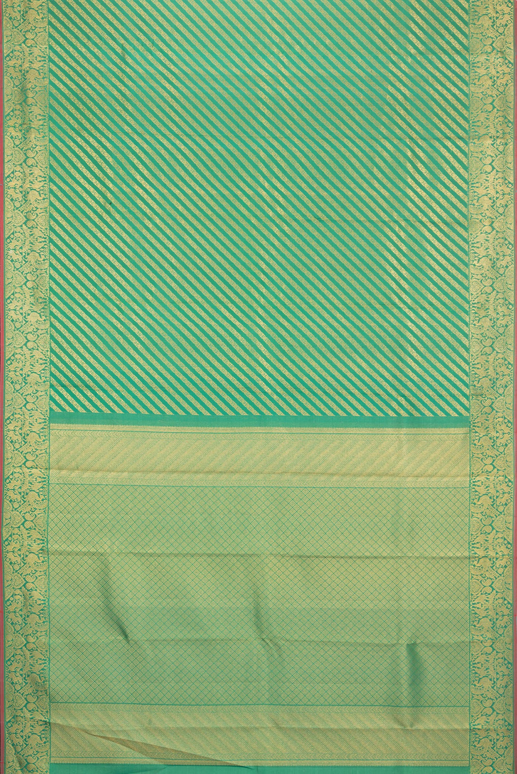 Flat view of Pure Silk Green Kanchipuram Saree with Zari Brocade on the body and Fancy Border. 
