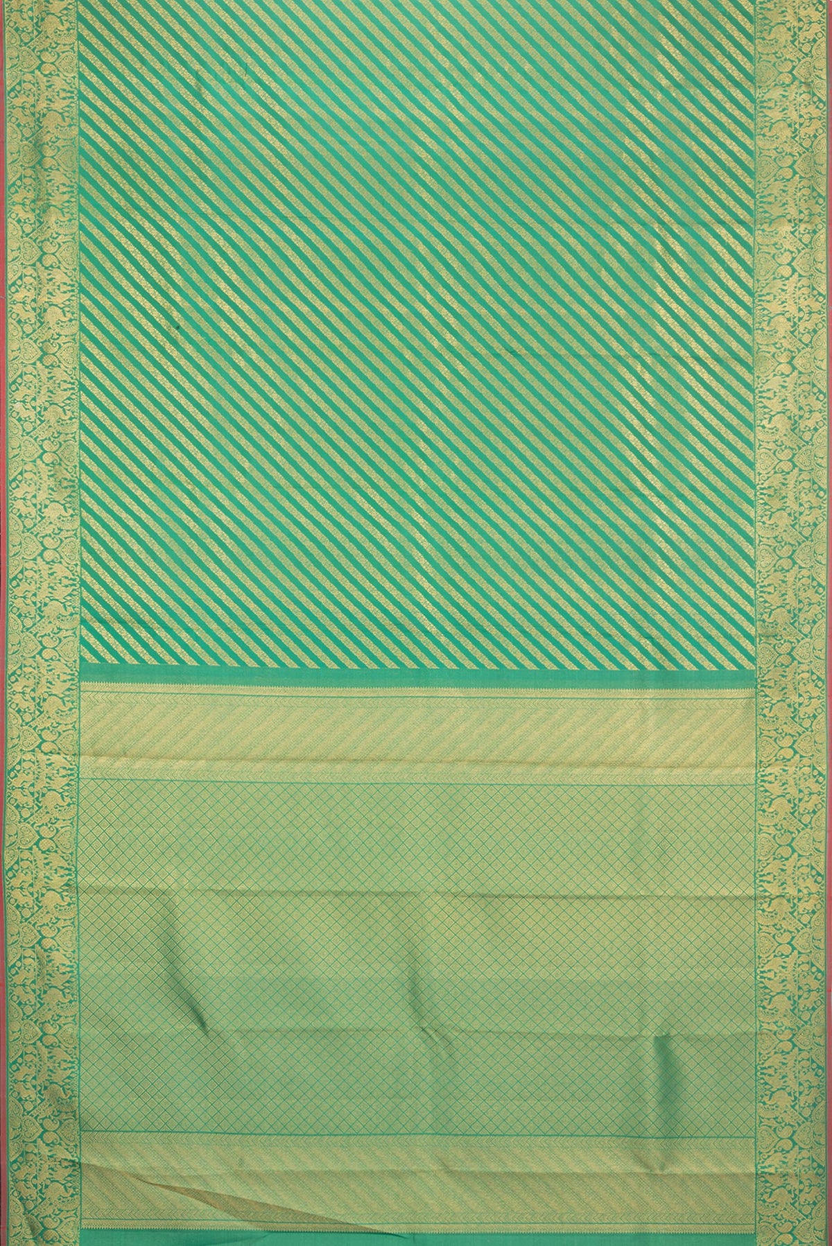 Flat view of Pure Silk Green Kanchipuram Saree with Zari Brocade on the body and Fancy Border. 