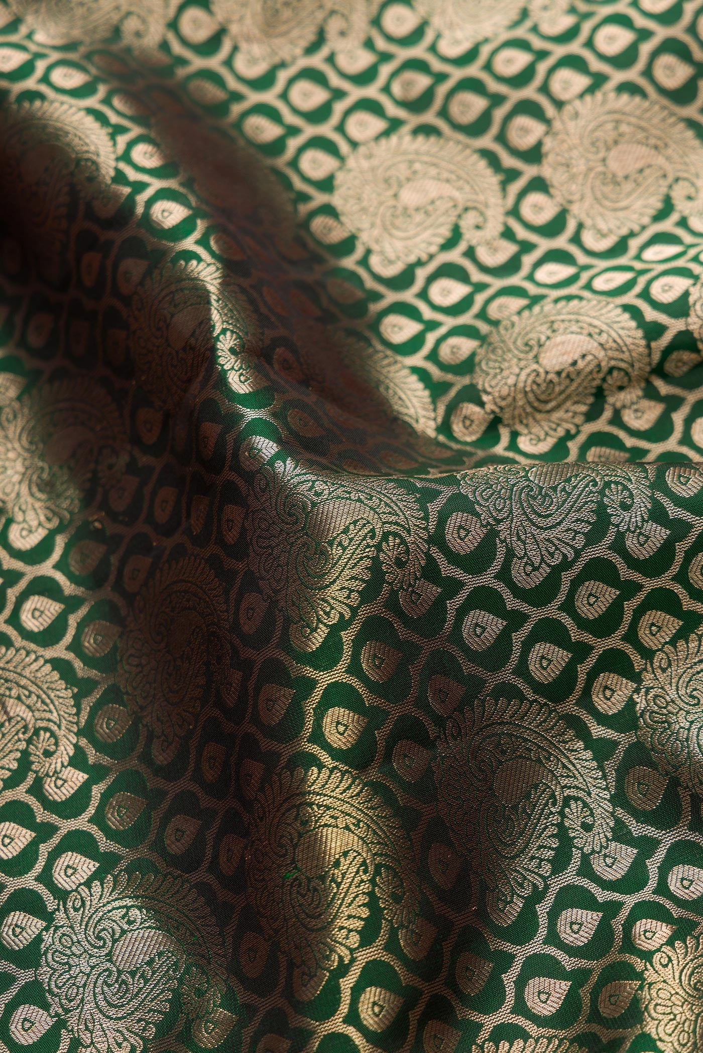 Close up of Bottle Green Dual Tone Kanchipuram Silk Saree with Zari Brocade on the body and Zari Border.  displaying folds
