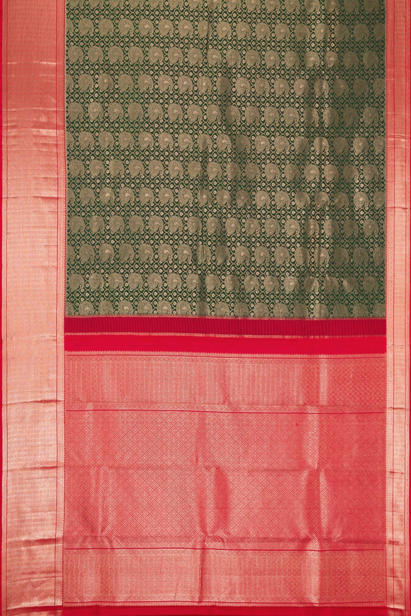 Flat view of Bottle Green Dual Tone Kanchipuram Silk Saree with Zari Brocade on the body and Zari Border. 