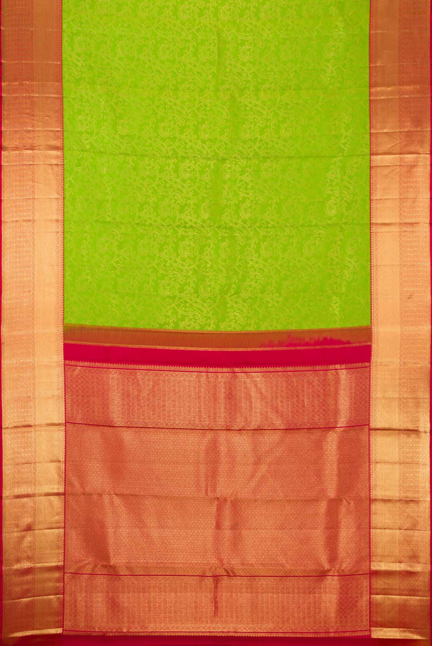 Flat view of Parrot Green Dual Tone Kanchipuram Silk Saree with Zari Brocade on the body and Zari Border. 