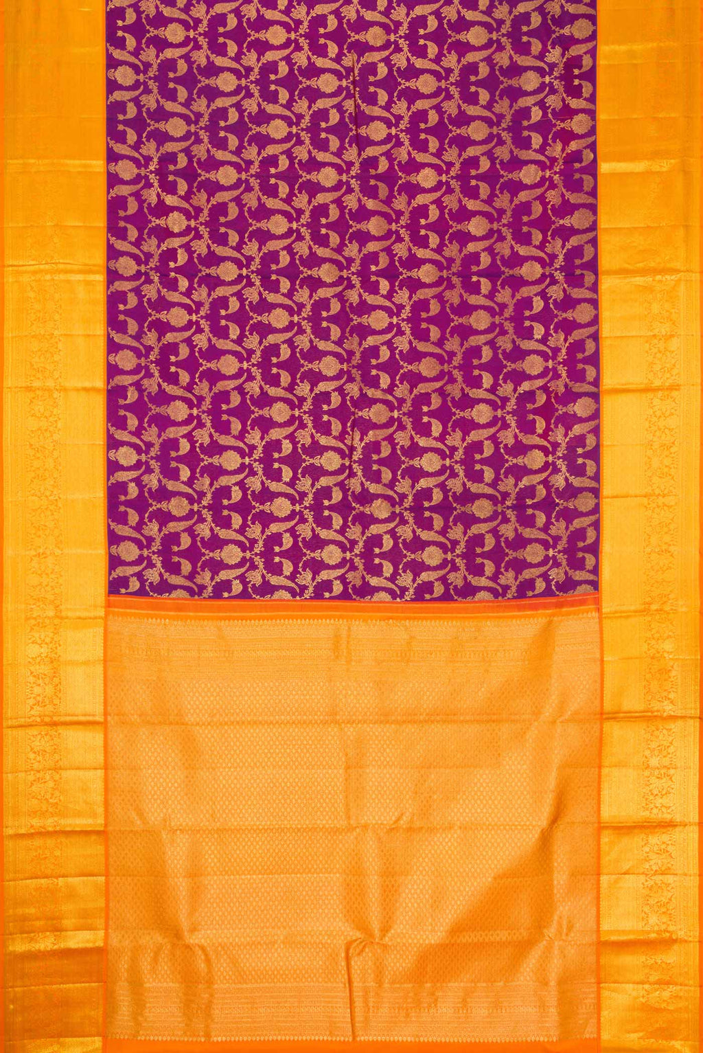Flat view of Purple Dual Tone Kanchipuram Silk Saree with Zari Brocade on the body and Zari Border. 