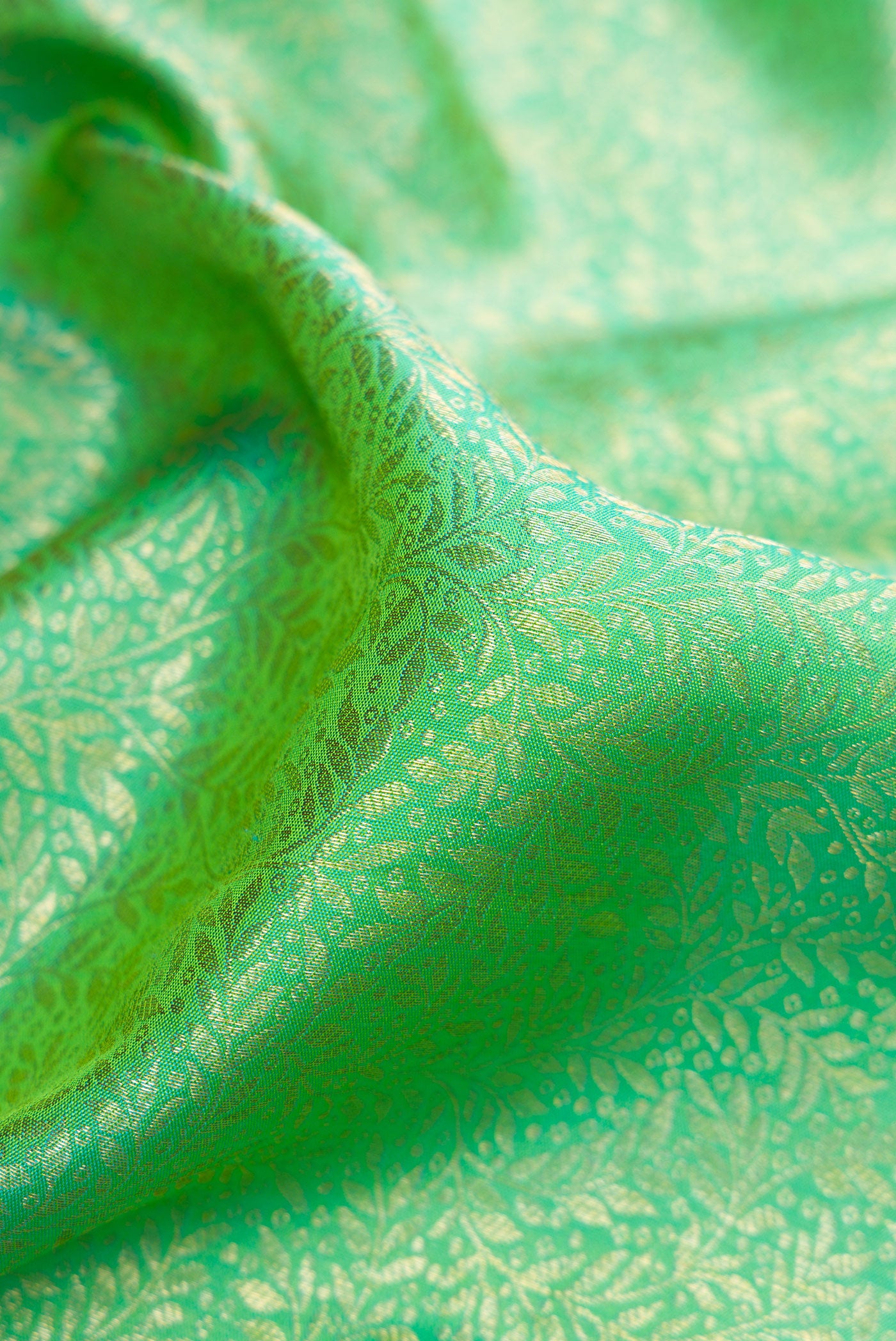 Close up of Sea Green Dual Tone Kanchipuram Silk Saree with Zari Brocade on the body and Zari Border.  displaying folds