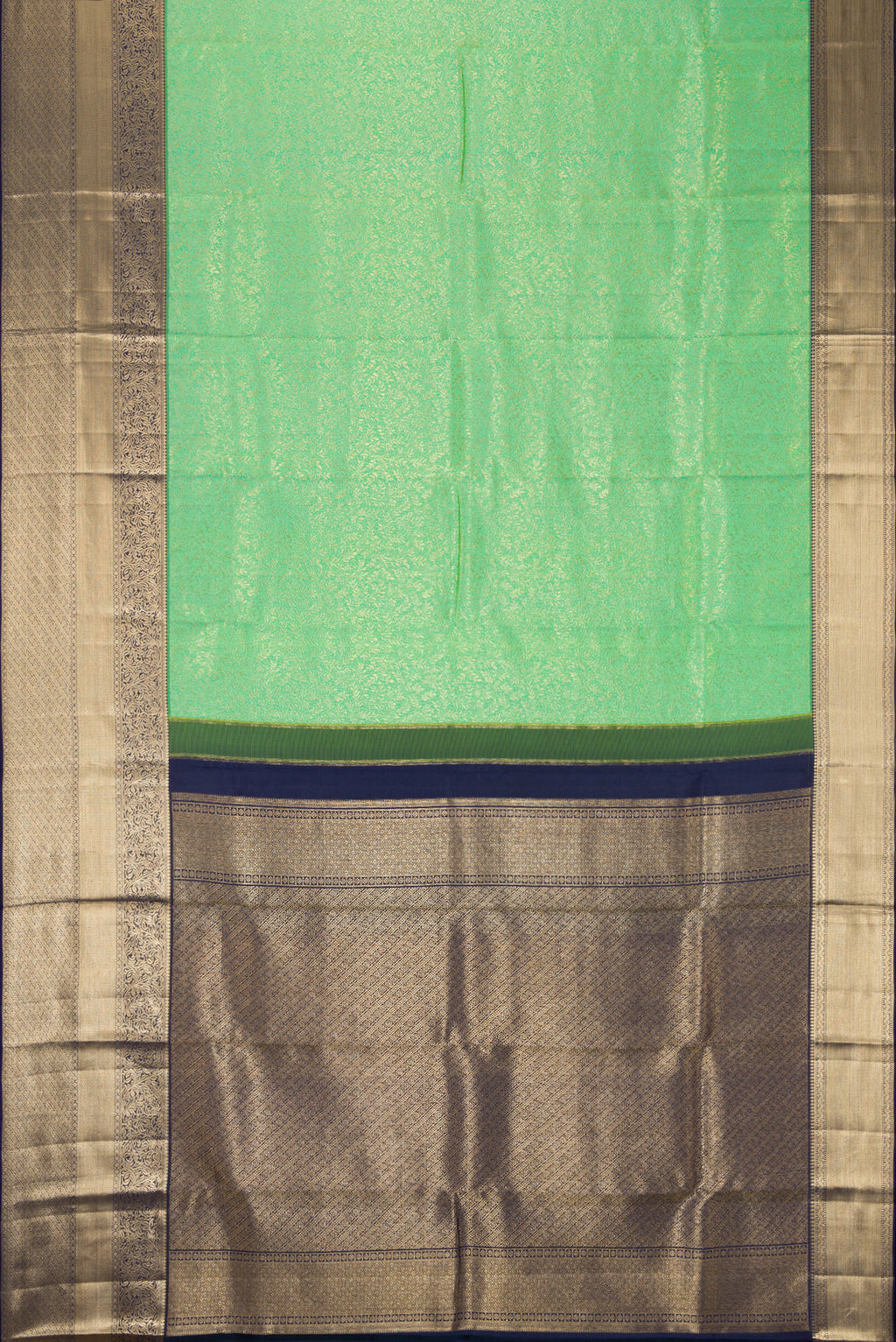 Flat view of Sea Green Dual Tone Kanchipuram Silk Saree with Zari Brocade on the body and Zari Border. 