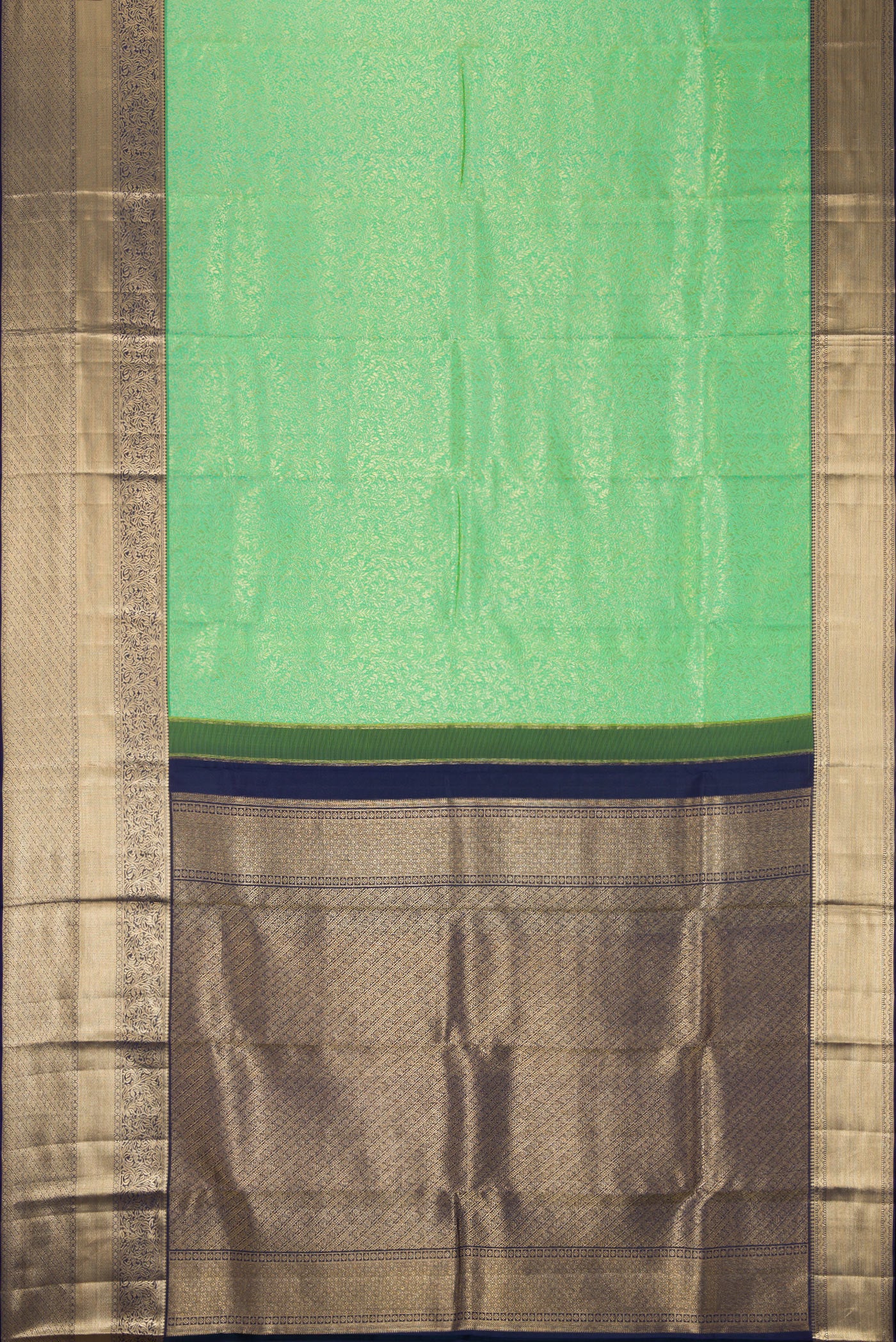 Flat view of Sea Green Dual Tone Kanchipuram Silk Saree with Zari Brocade on the body and Zari Border. 