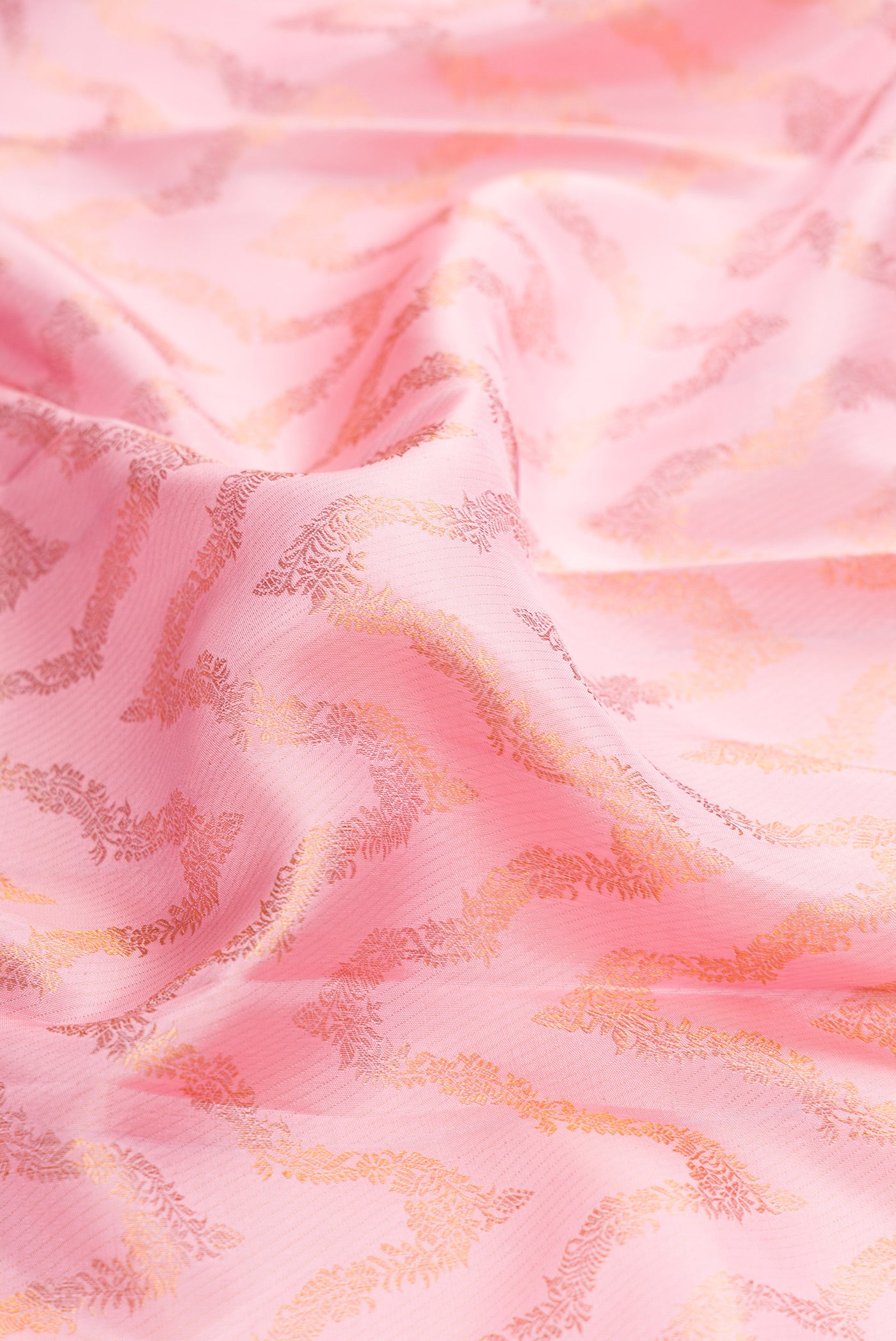Close up of Pink Dual Tone Kanchipuram Silk Saree with Zari Brocade on the body and Zari Border.  displaying folds