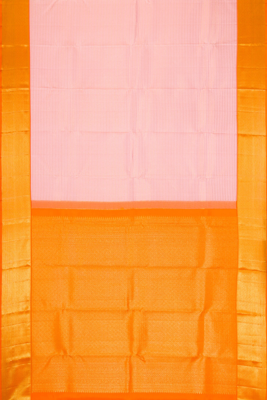 Flat view of Pink Dual Tone Kanchipuram Silk Saree with Zari Brocade on the body and Zari Border. 